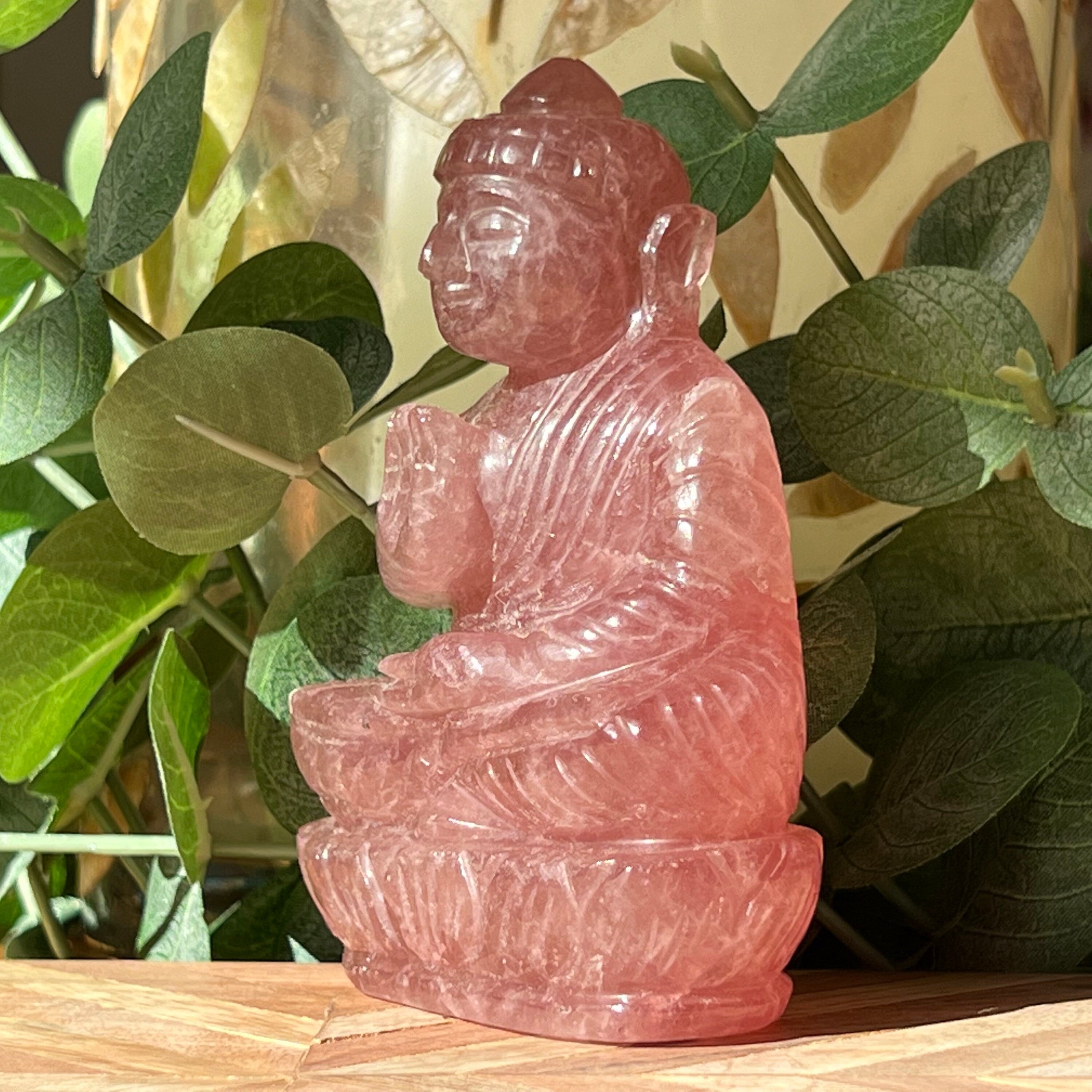 Strawberry Quartz Buddha Carving: Indian Artisan Detail