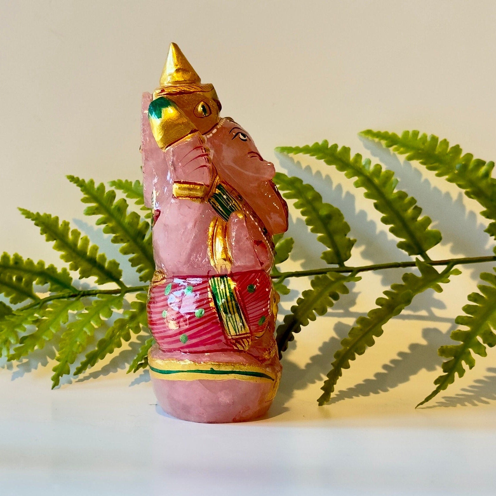Rose Quartz Painted Ganesha Figurine #1