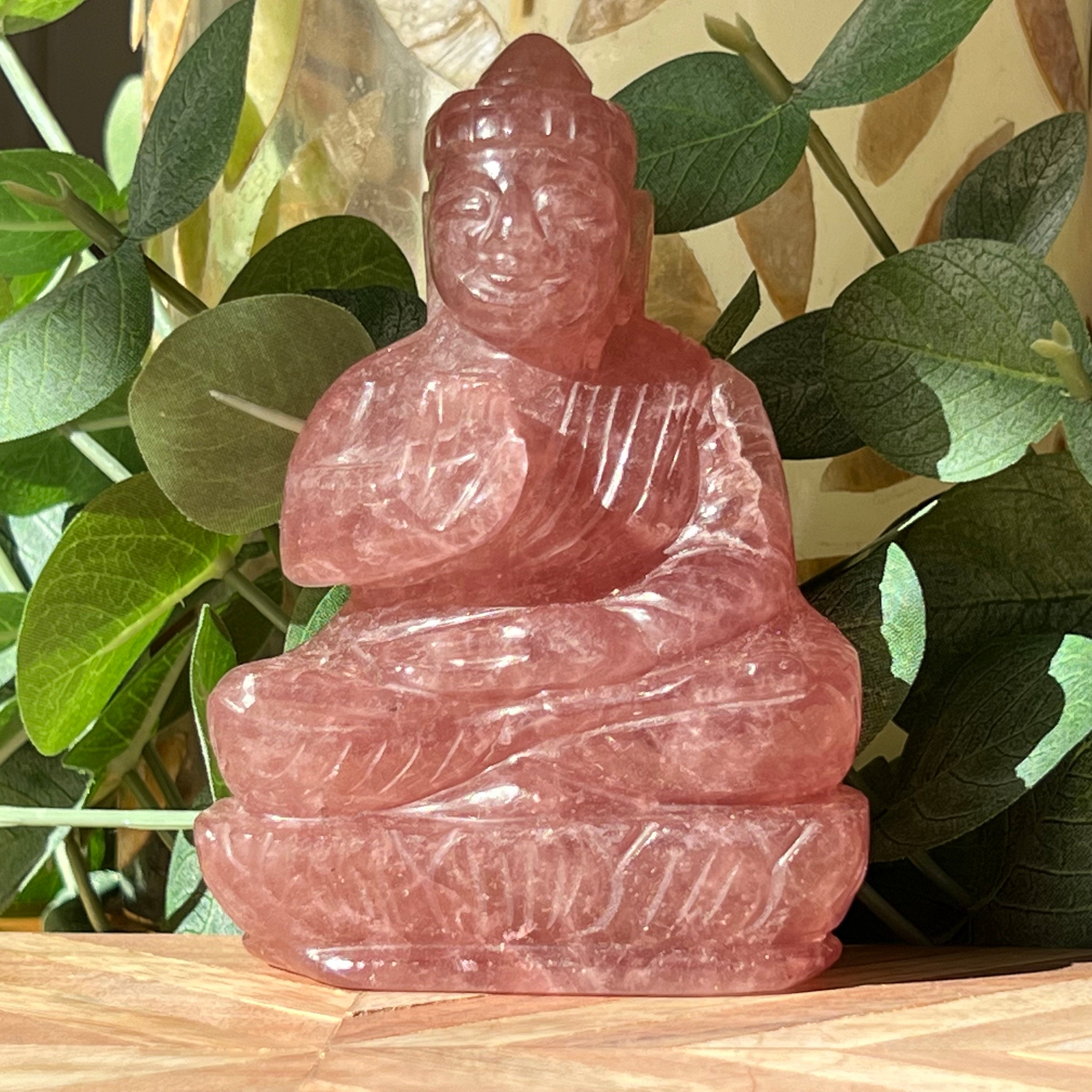 Strawberry Quartz Buddha Carving: Indian Artisan Detail