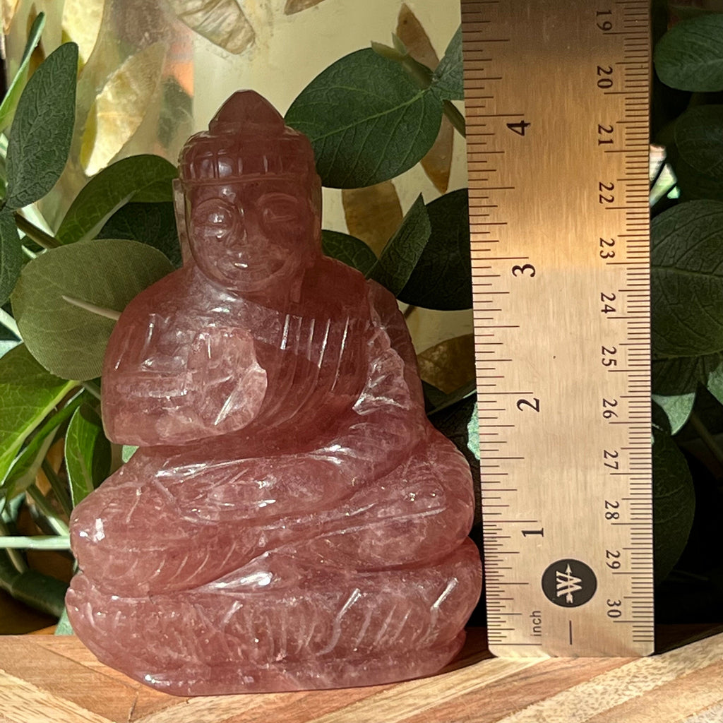 Strawberry Quartz Buddha Carving: Indian Artisan Detail