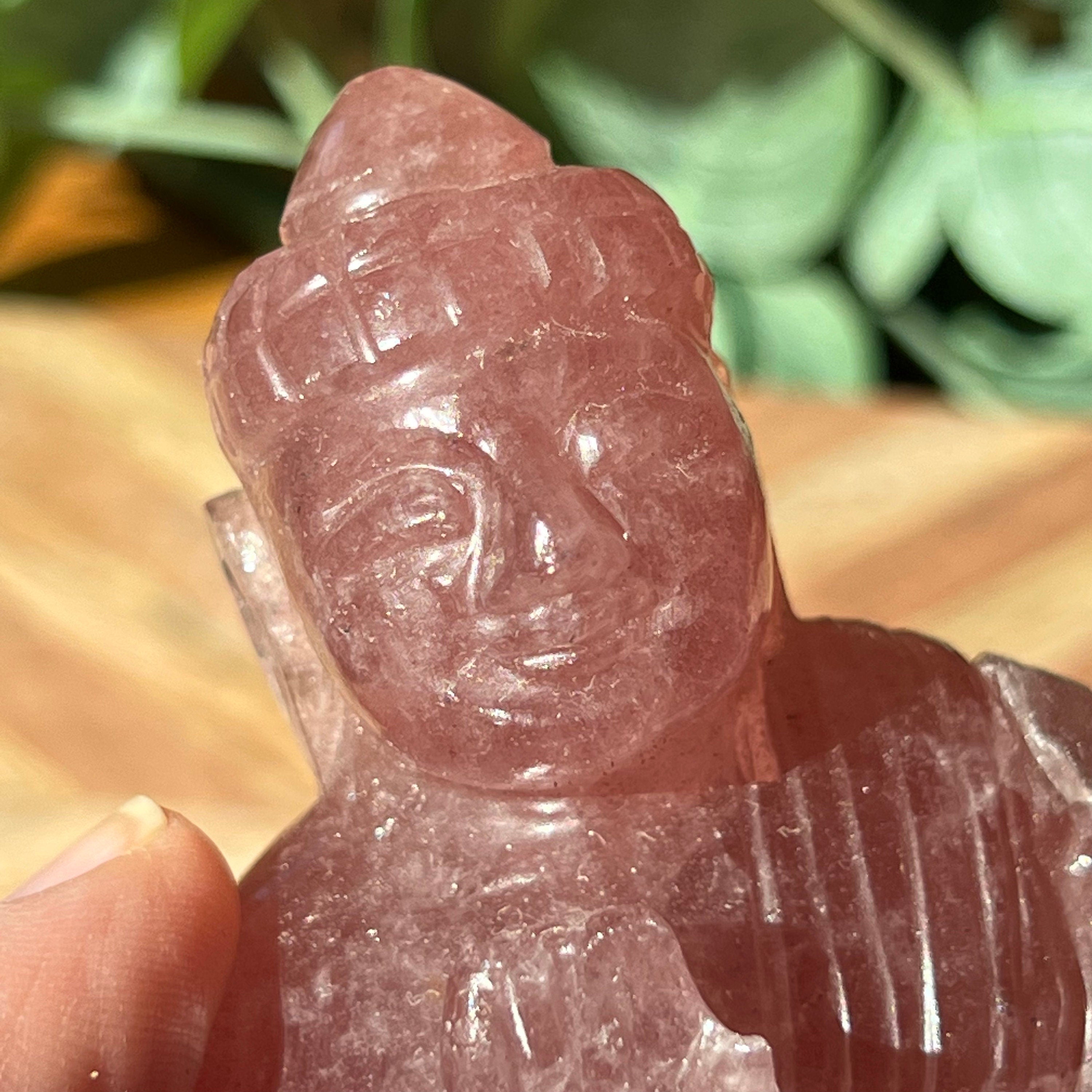 Strawberry Quartz Buddha Carving: Indian Artisan Detail