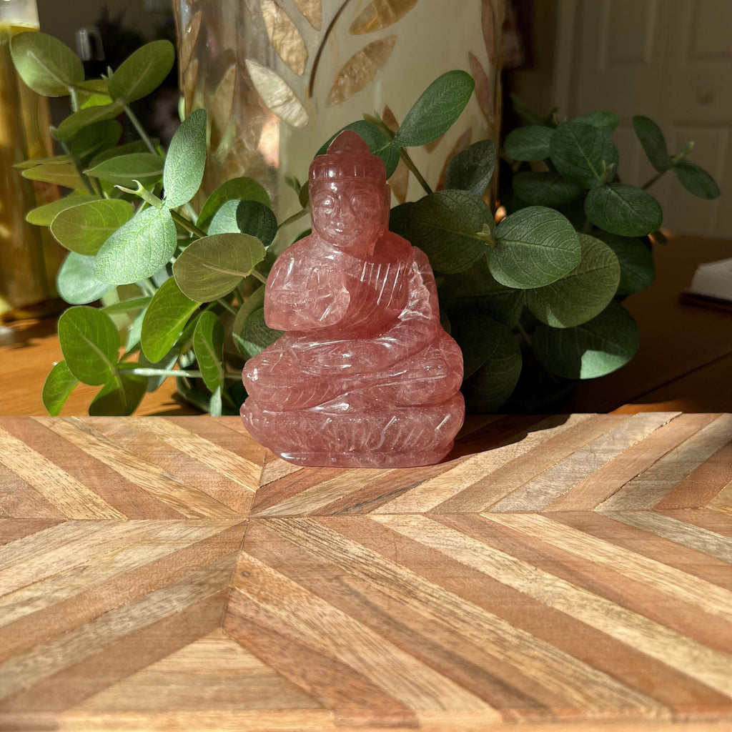 Strawberry Quartz Buddha Carving: Indian Artisan Detail