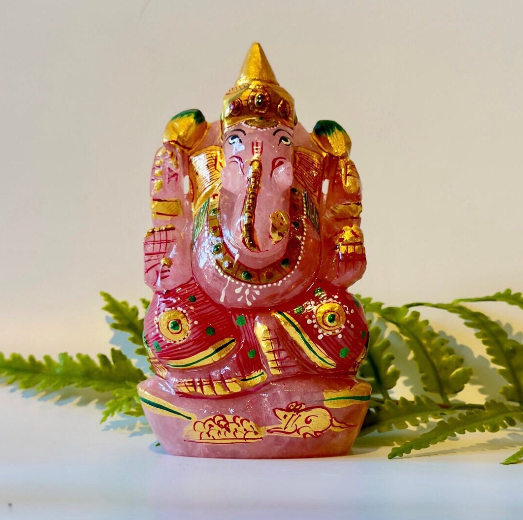 Rose Quartz Painted Ganesha Figurine #1