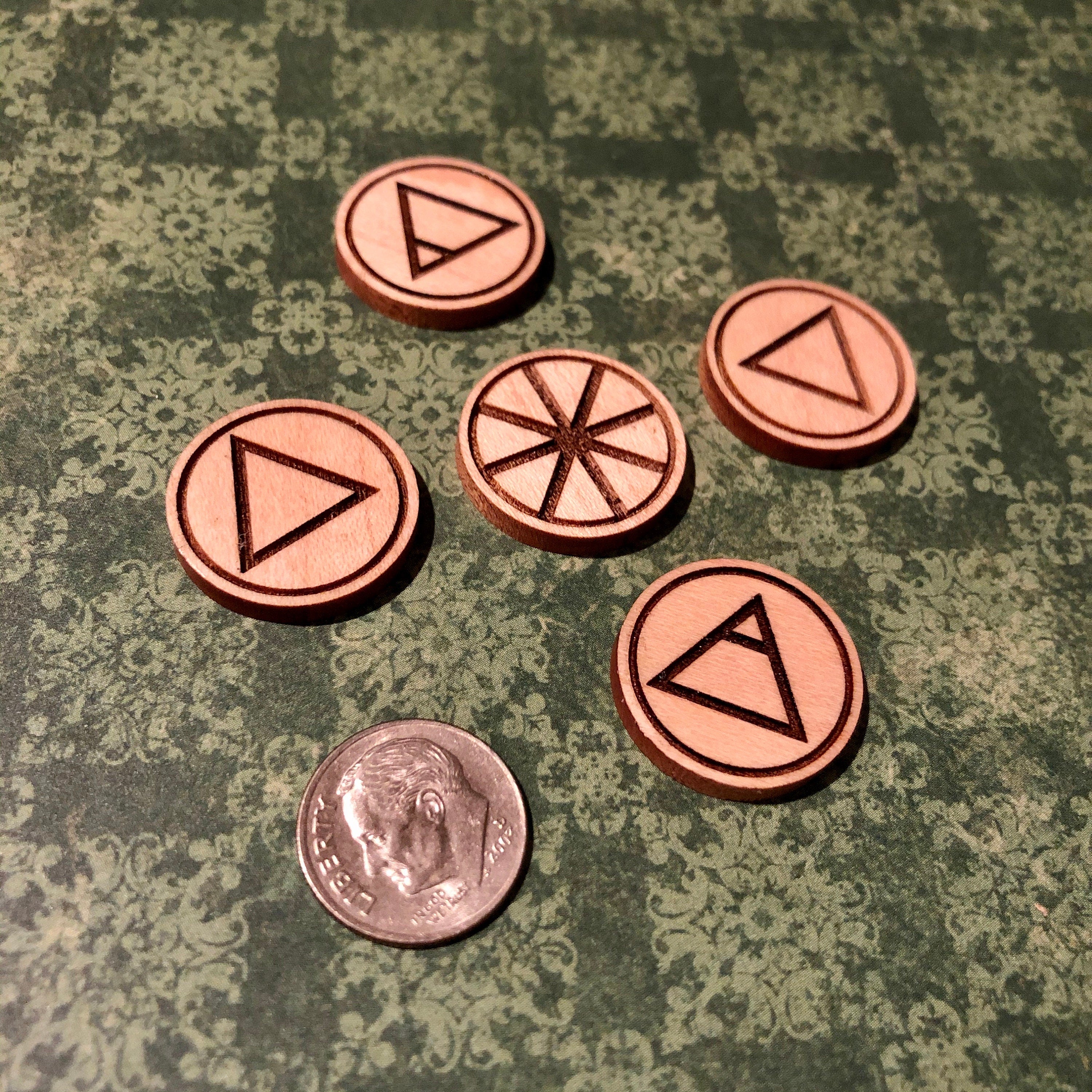 Etched Maple Elemental Coins: Earth, Air, Fire, Water, Spirit