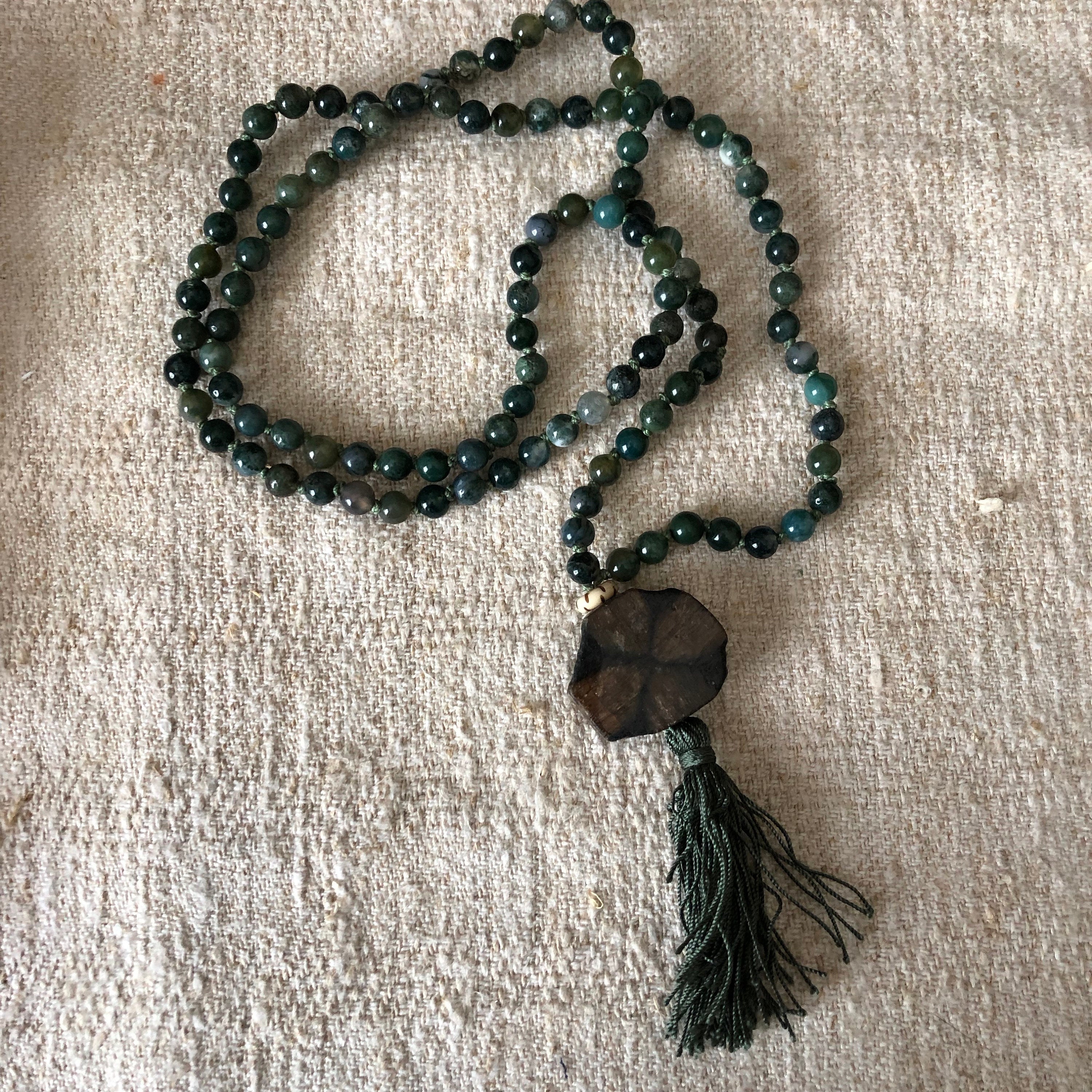 Handmade Moss Agate Mala: Chiastolite Guru Bead, Silk Tassel