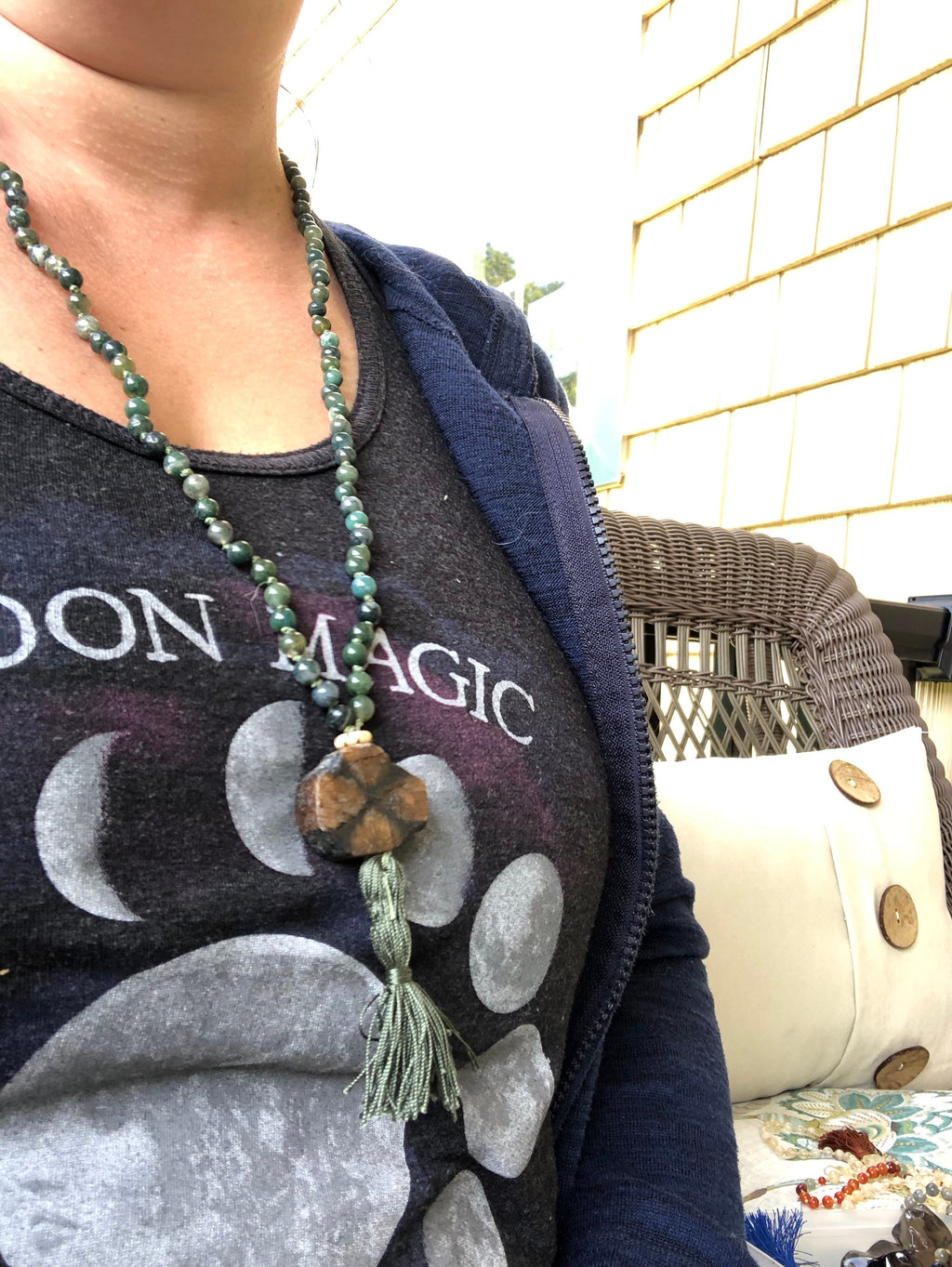 Handmade Moss Agate Mala: Chiastolite Guru Bead, Silk Tassel