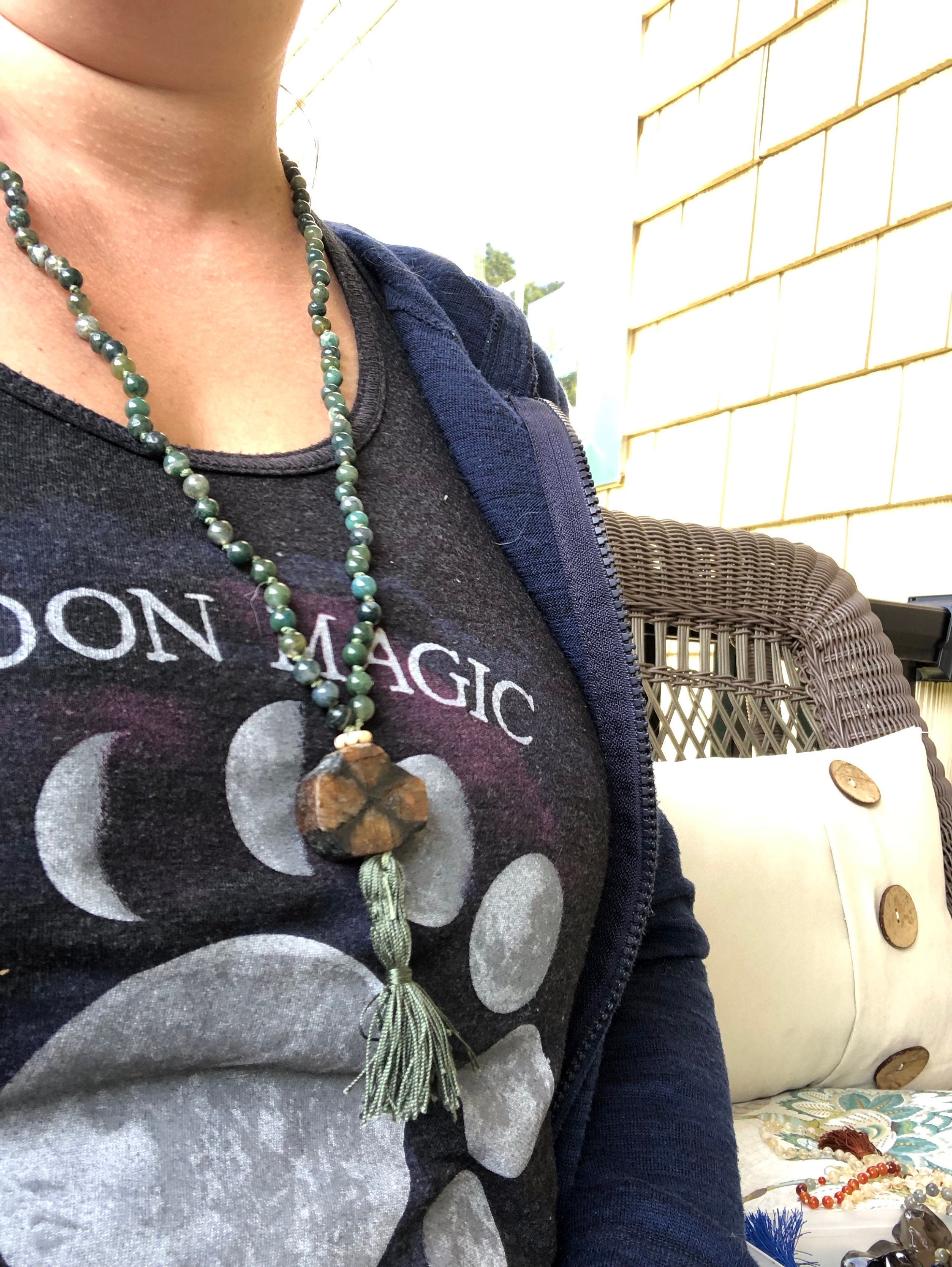 Handmade Moss Agate Mala: Chiastolite Guru Bead, Silk Tassel