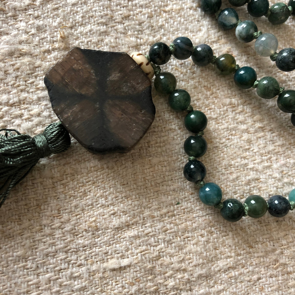 Handmade Moss Agate Mala: Chiastolite Guru Bead, Silk Tassel