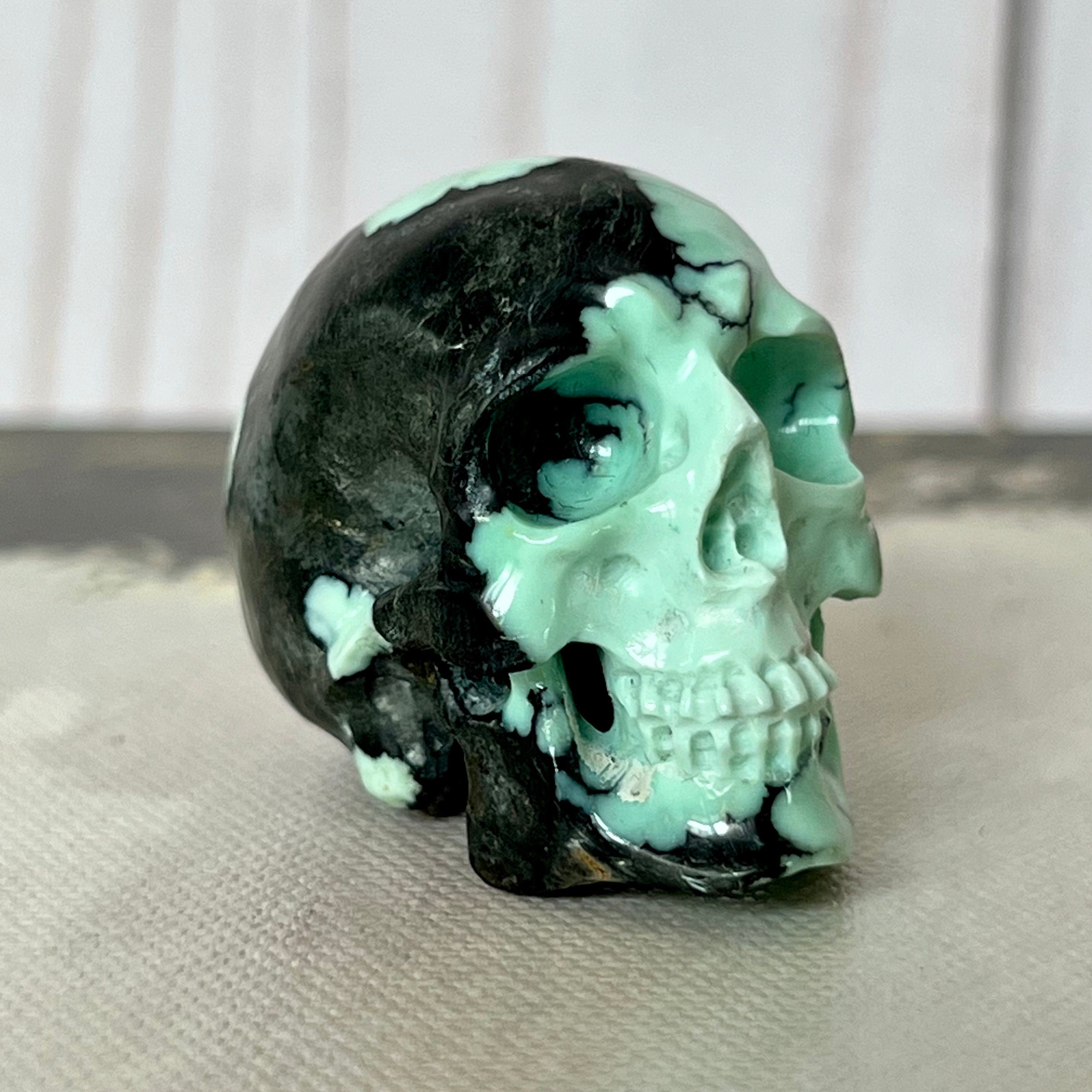 Peacock Variscite Skull: Bicolor Crystal Carving (1.5" x 1")