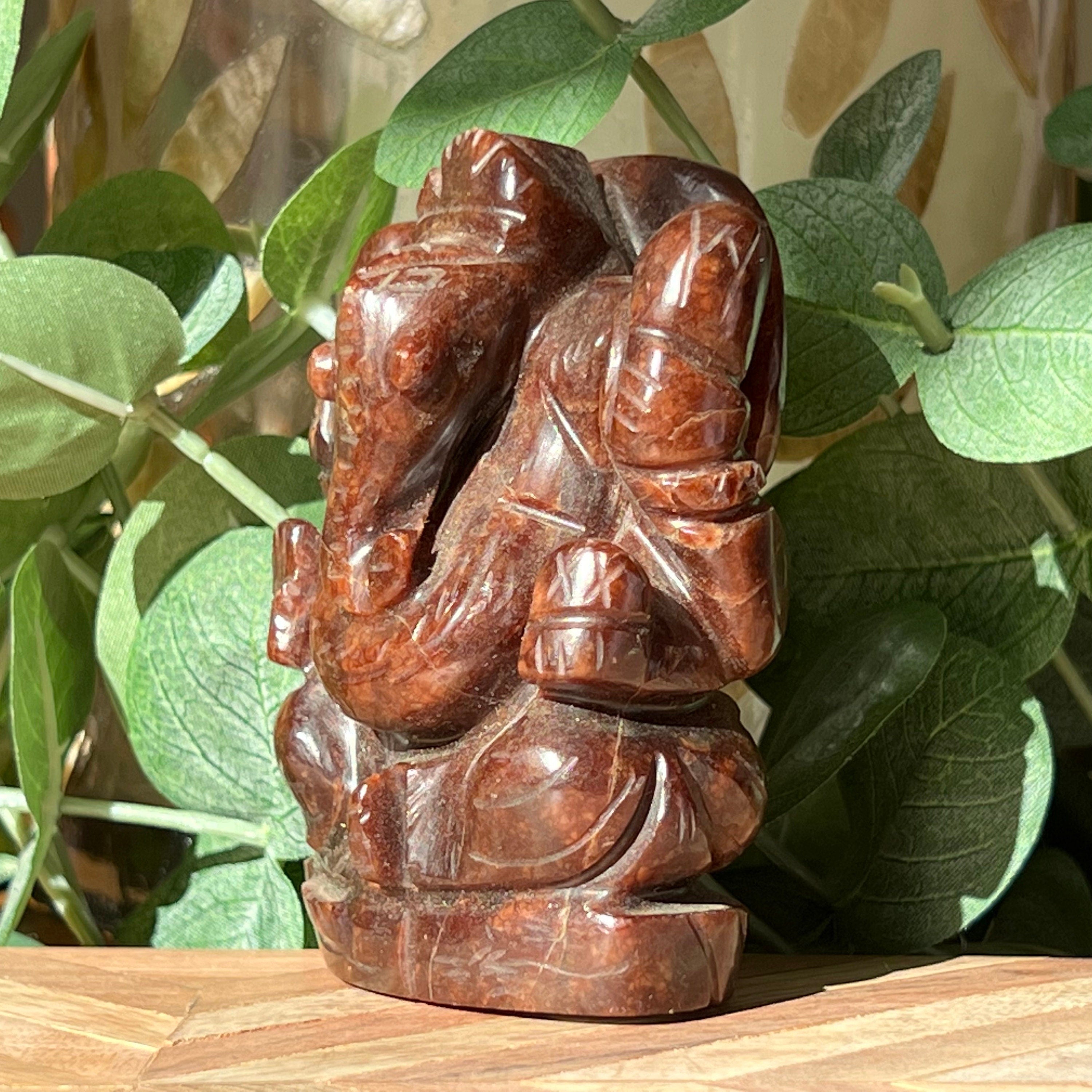 Garnet Ganesh Carving: Hindu God Statue, 3.5"
