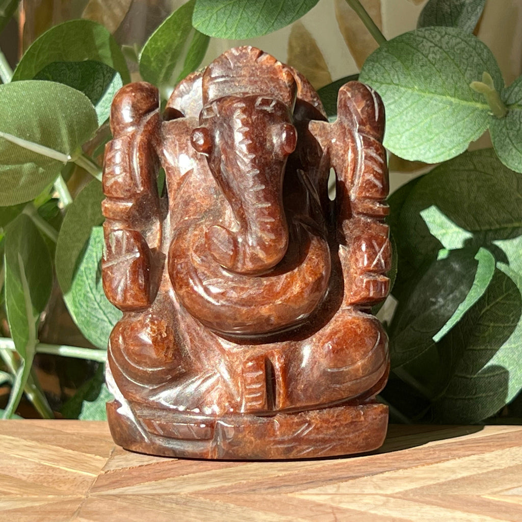 Garnet Ganesh Carving: Hindu God Statue, 3"