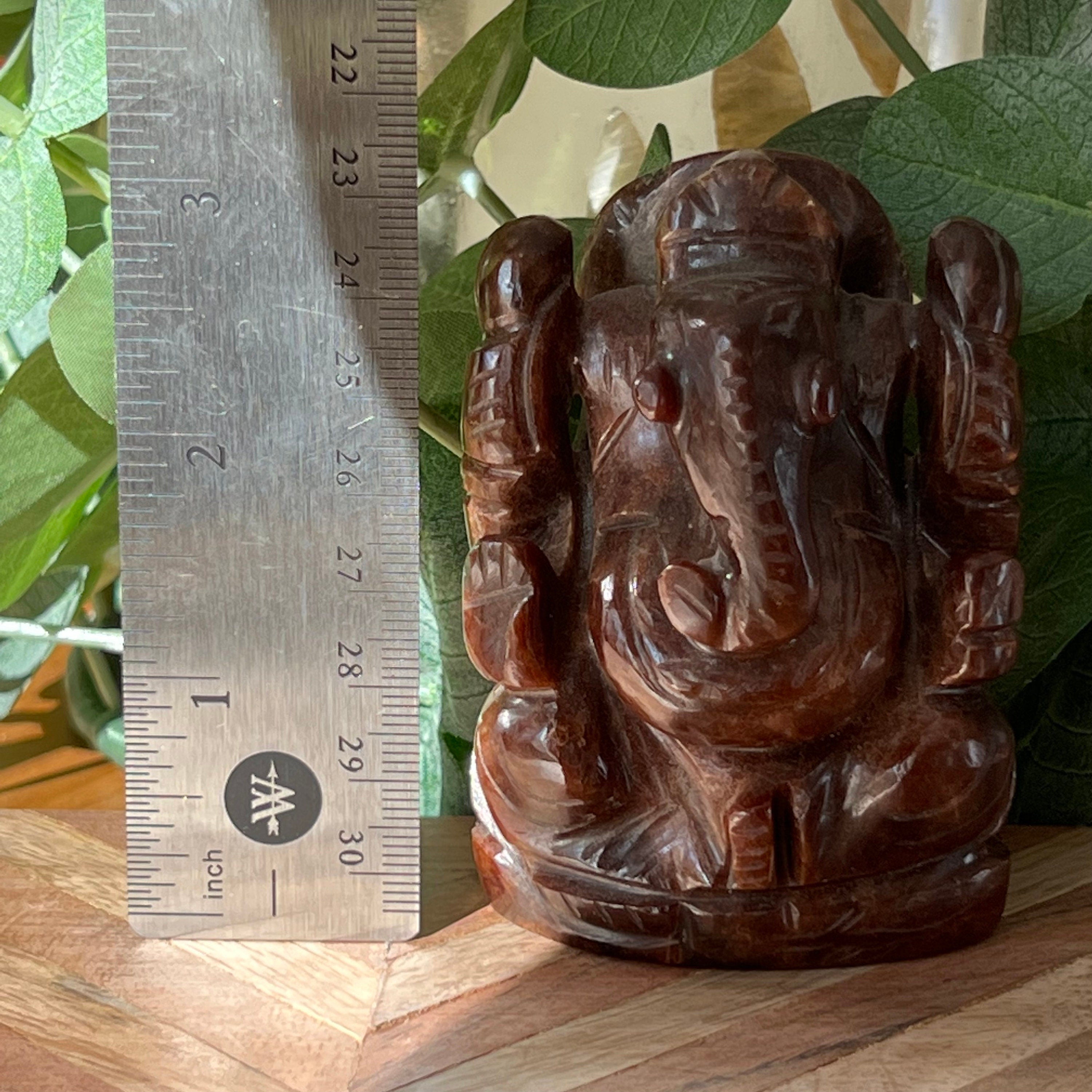 Garnet Ganesh Carving: Hindu God Statue, 3"