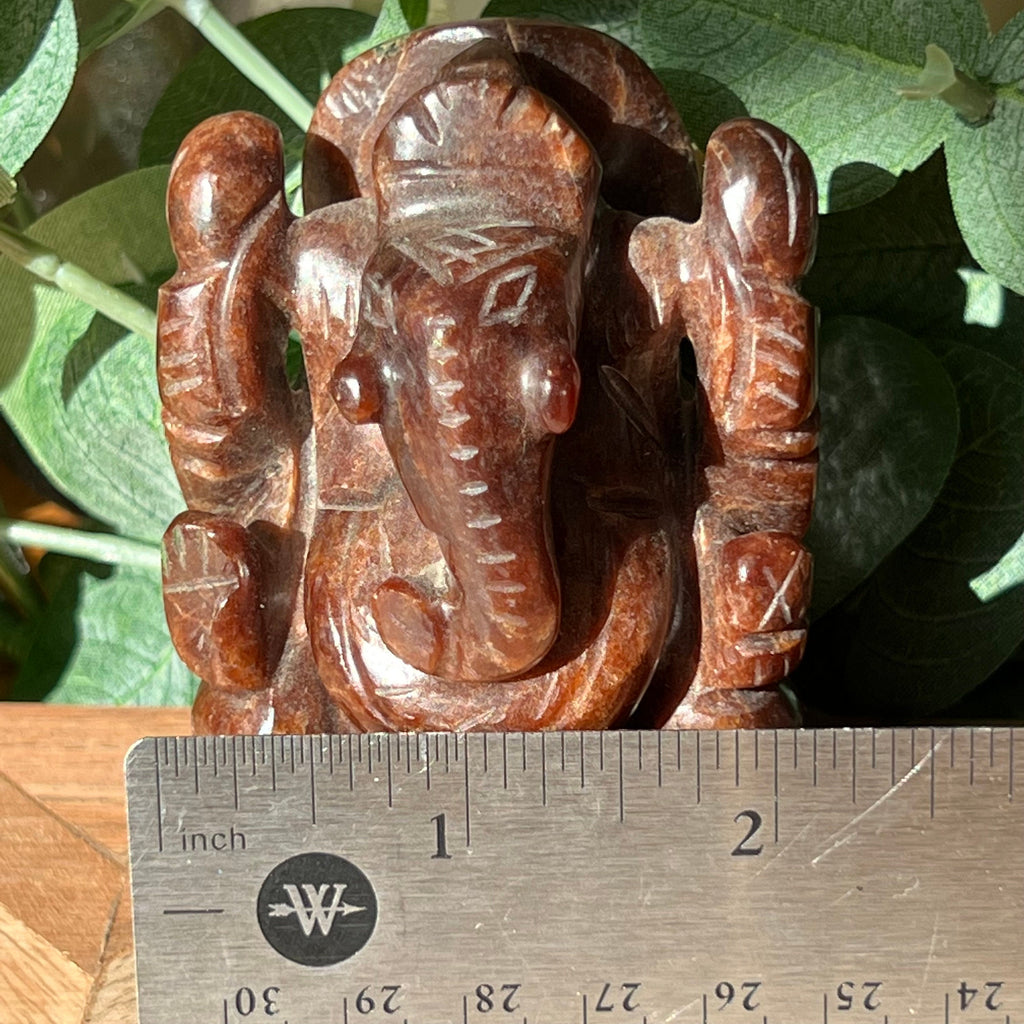 Garnet Ganesh Carving: Hindu God Statue, 3"