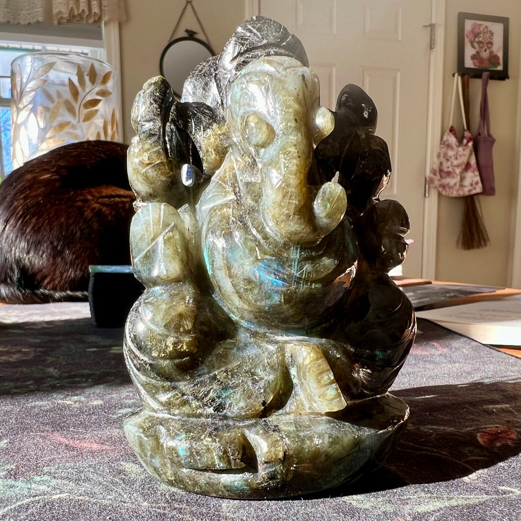 Flashy Labradorite Ganesh Carving - Hindu God Statue (4.25" Tall)