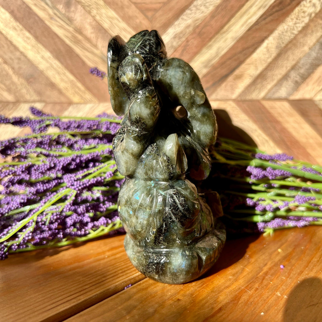 Flashy Labradorite Ganesh Carving - Hindu God Statue (4.25" Tall)