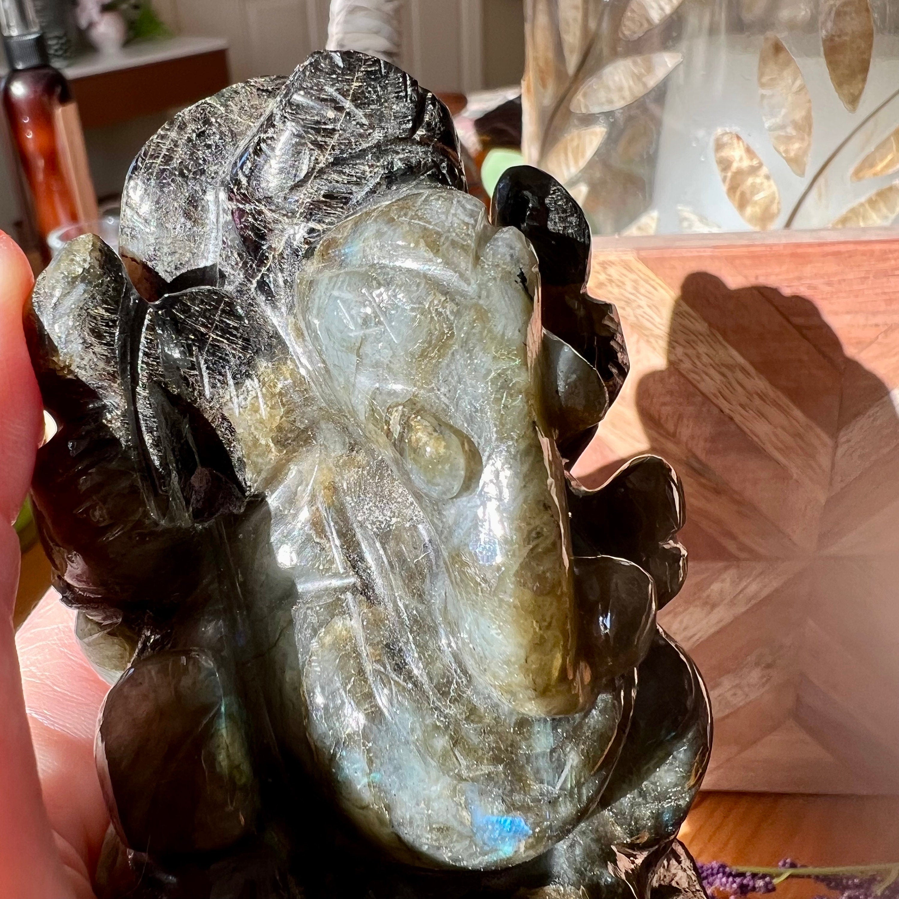 Flashy Labradorite Ganesh Carving - Hindu God Statue (4.25" Tall)