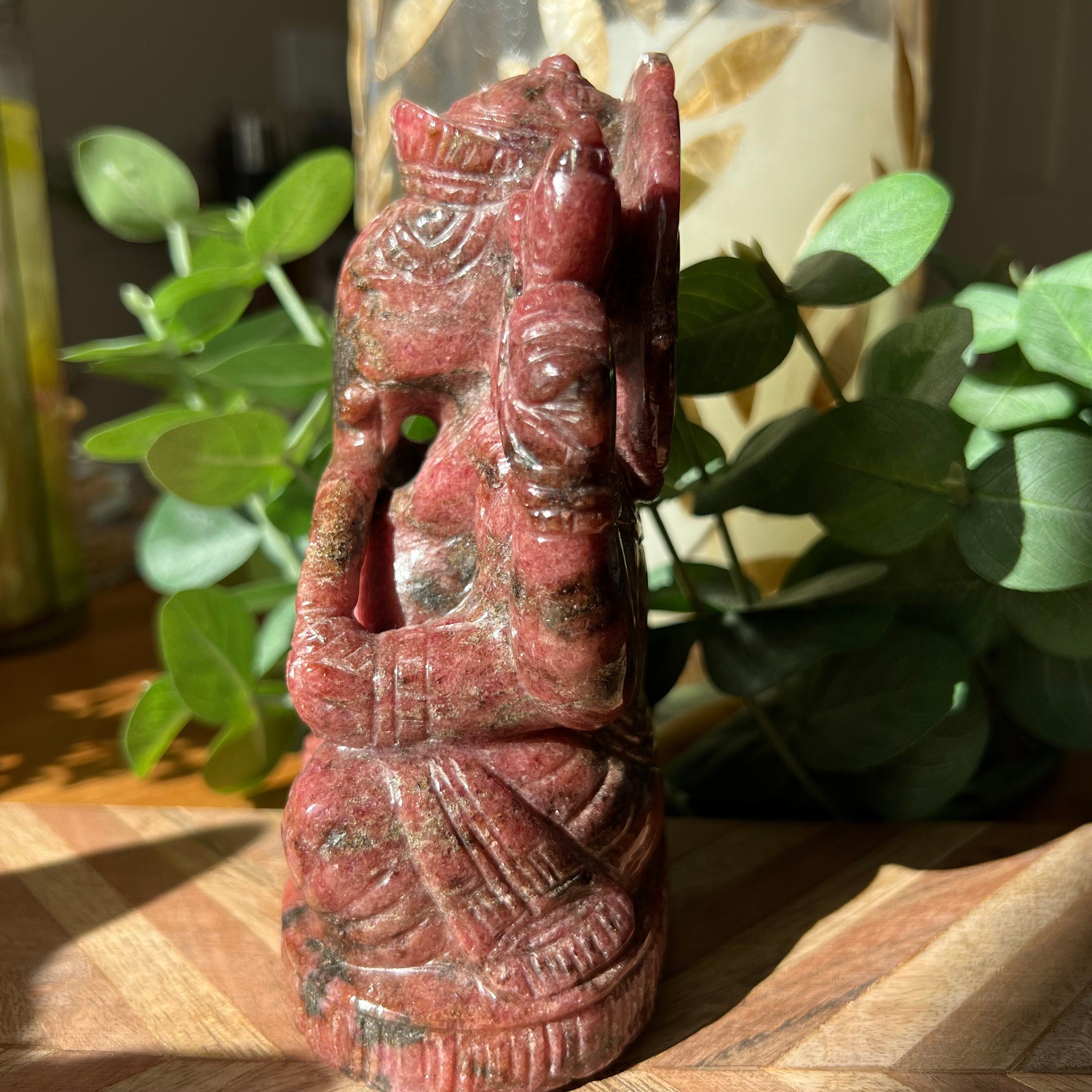 Large Rhodonite Ganesh Carving: Gemmy Pink Hindu God Statue