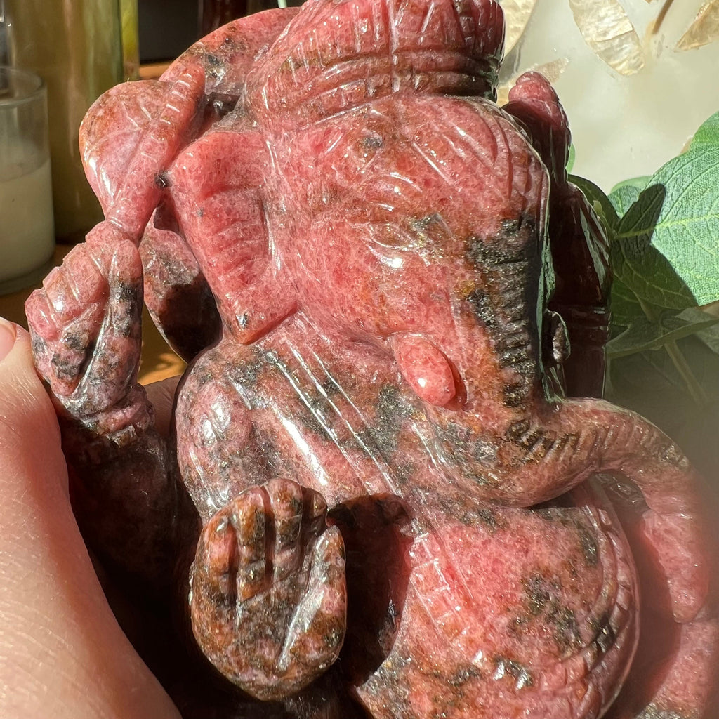 Large Rhodonite Ganesh Carving: Gemmy Pink Hindu God Statue