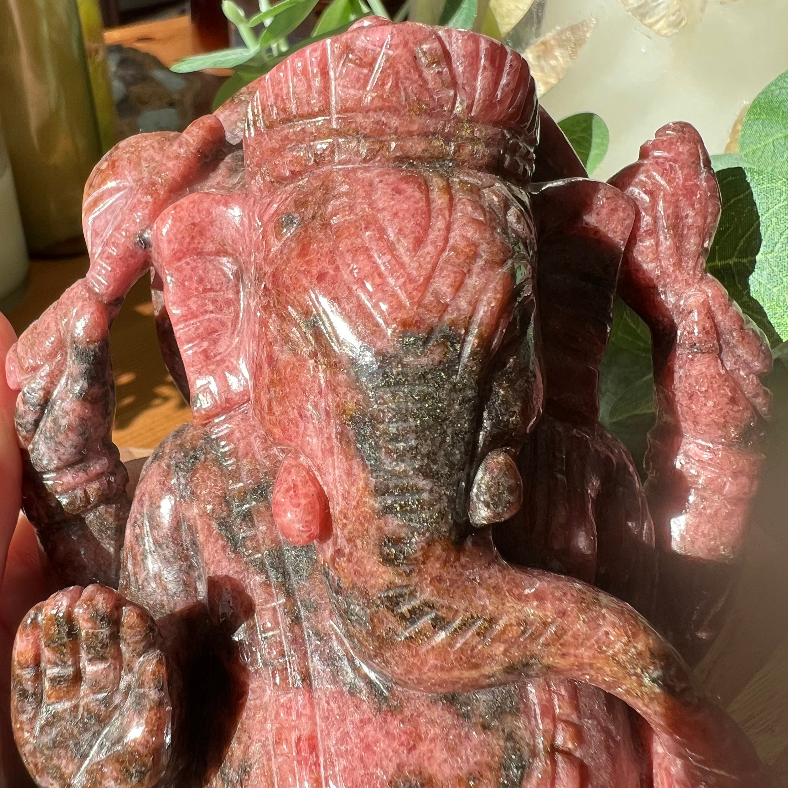 Large Rhodonite Ganesh Carving: Gemmy Pink Hindu God Statue