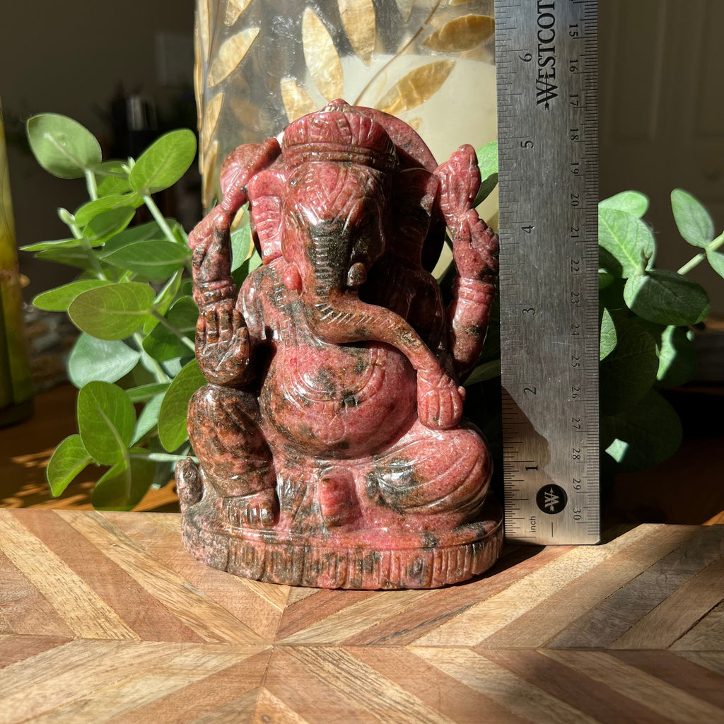 Large Rhodonite Ganesh Carving: Gemmy Pink Hindu God Statue