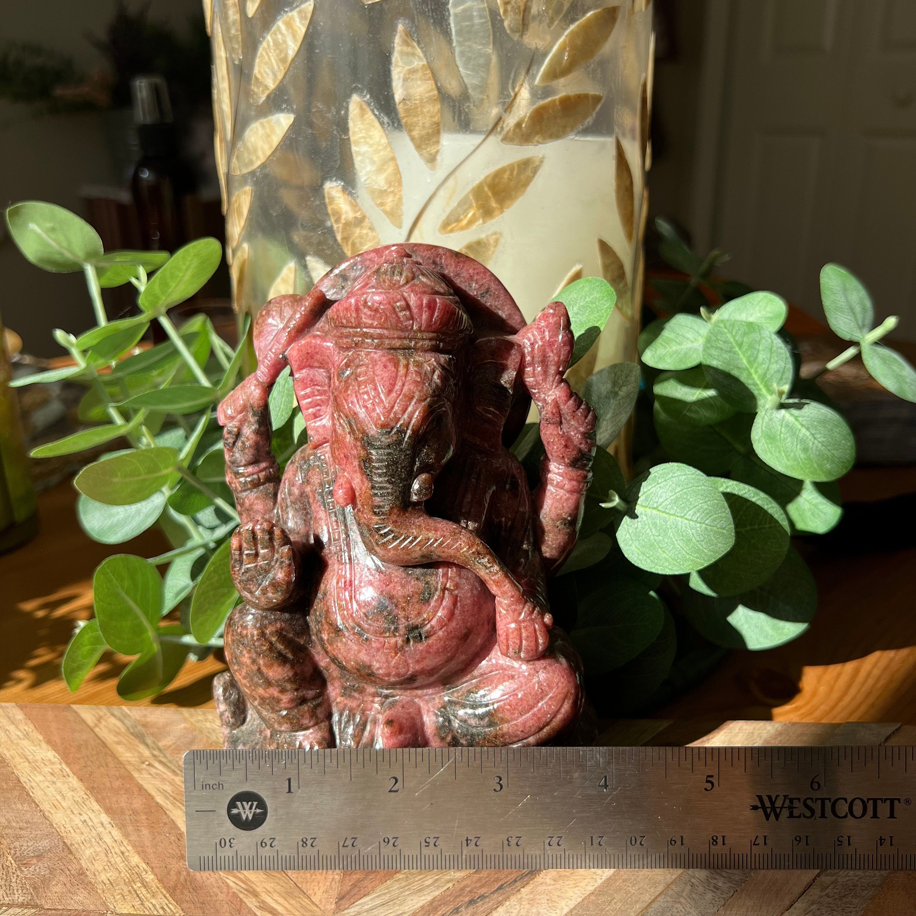 Large Rhodonite Ganesh Carving: Gemmy Pink Hindu God Statue