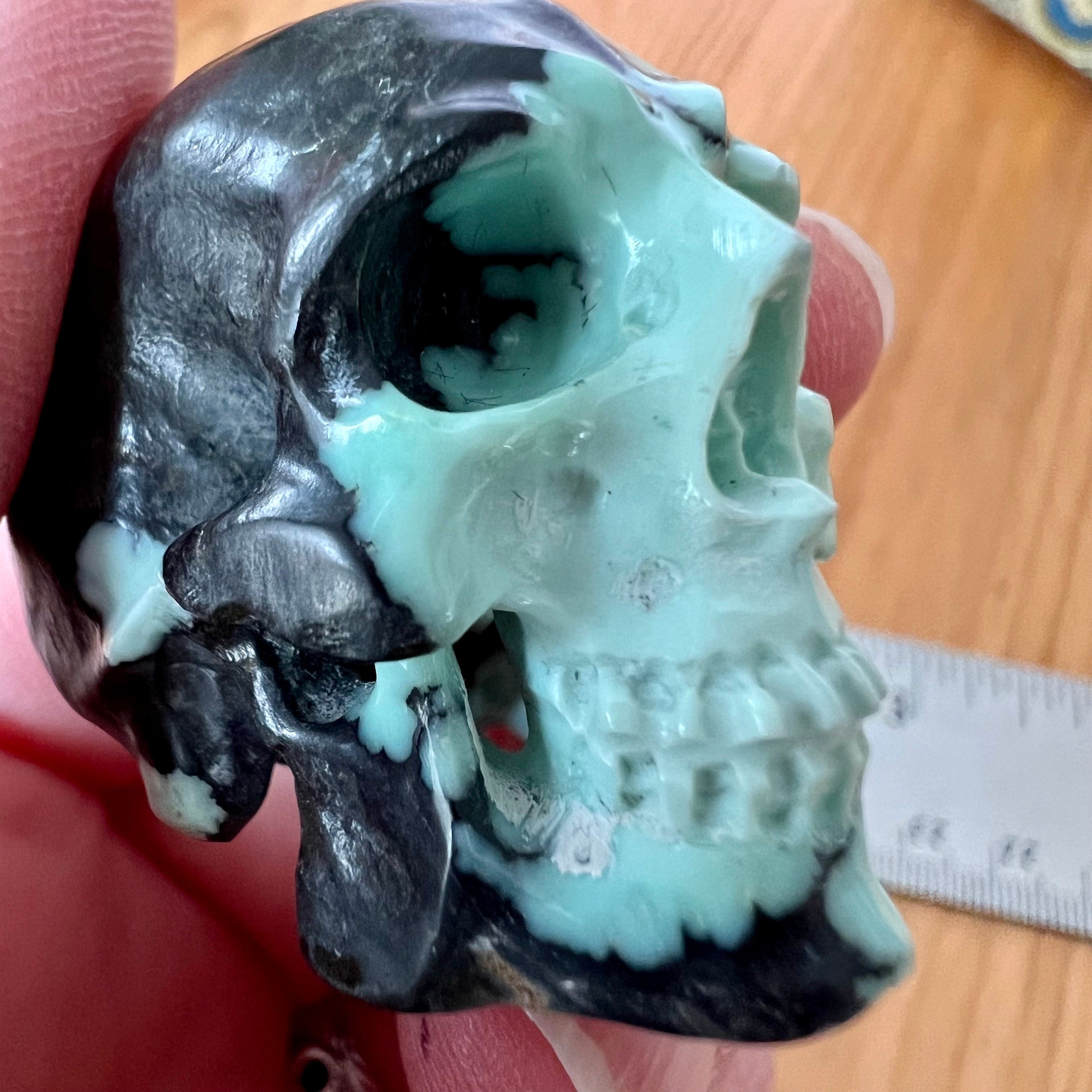 Peacock Variscite Skull: Bicolor Crystal Carving (1.5" x 1")