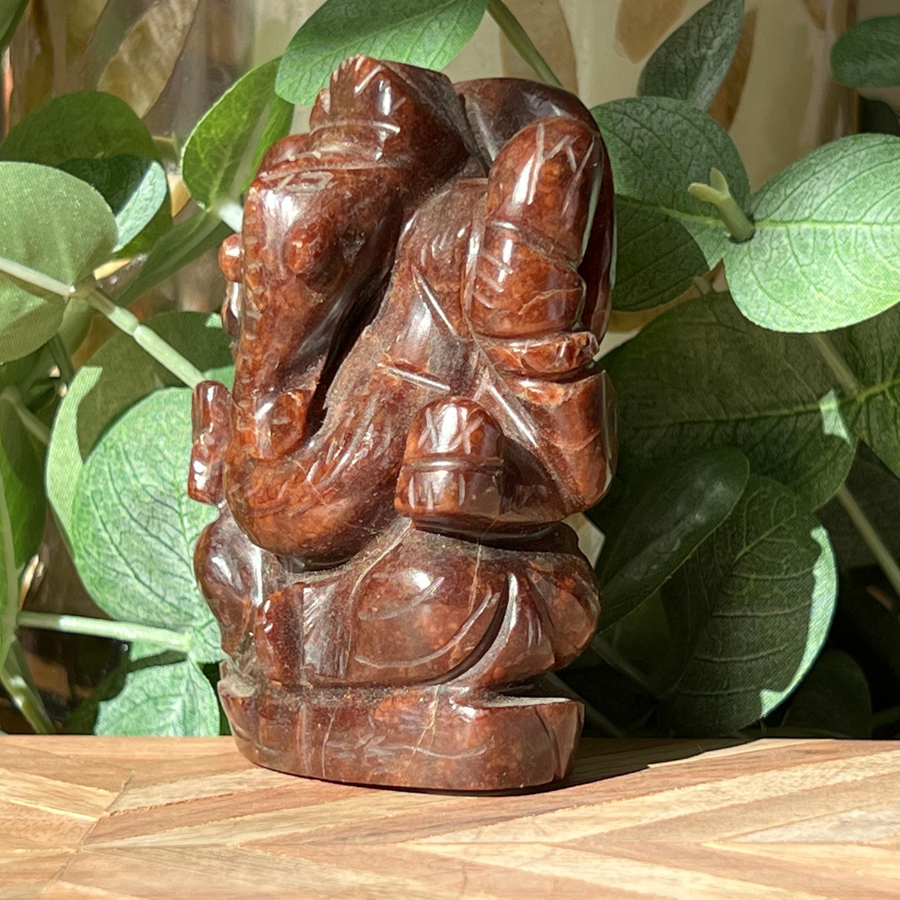 Garnet Ganesh Carving: Hindu God Statue, 3.5"