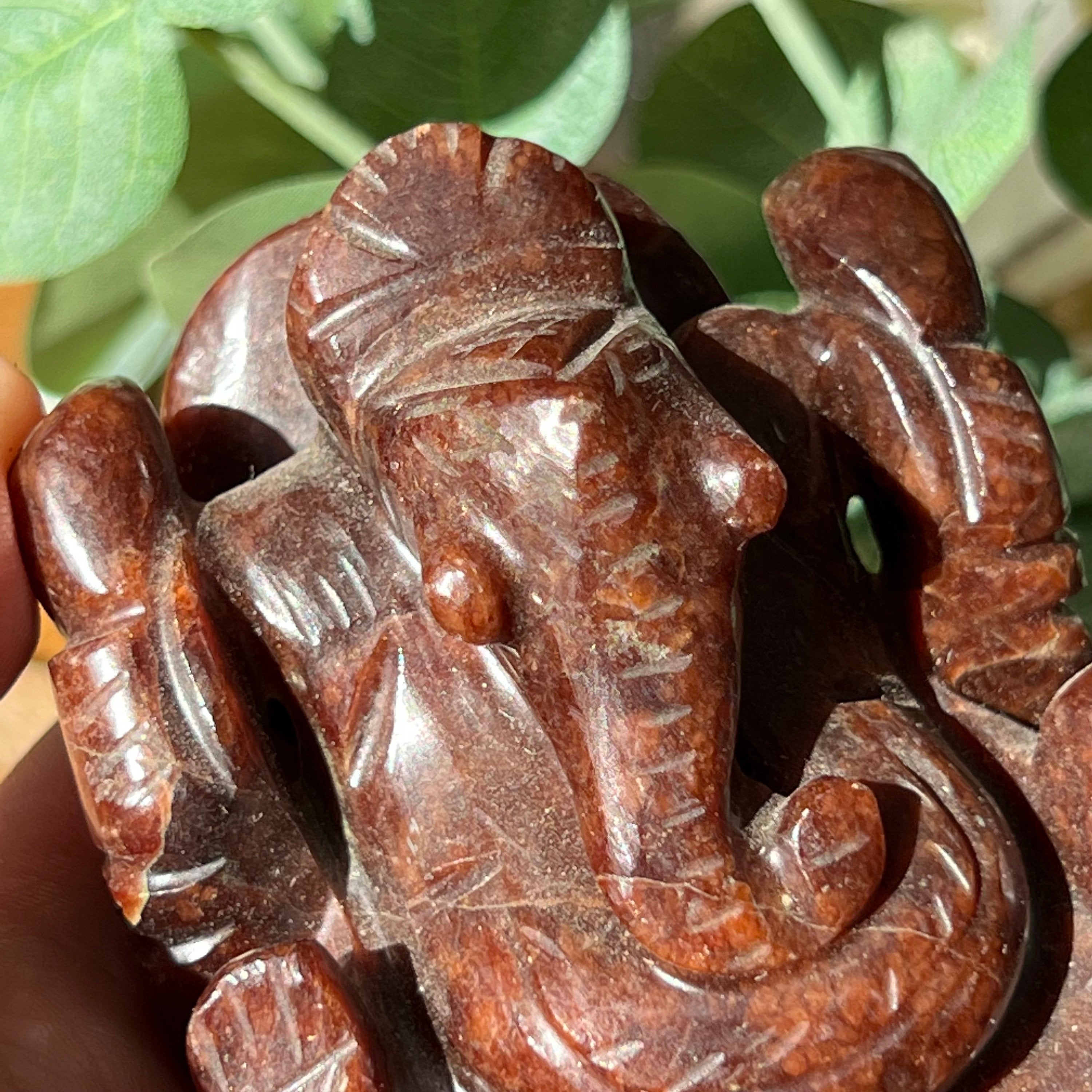 Garnet Ganesh Carving: Hindu God Statue, 3.5"