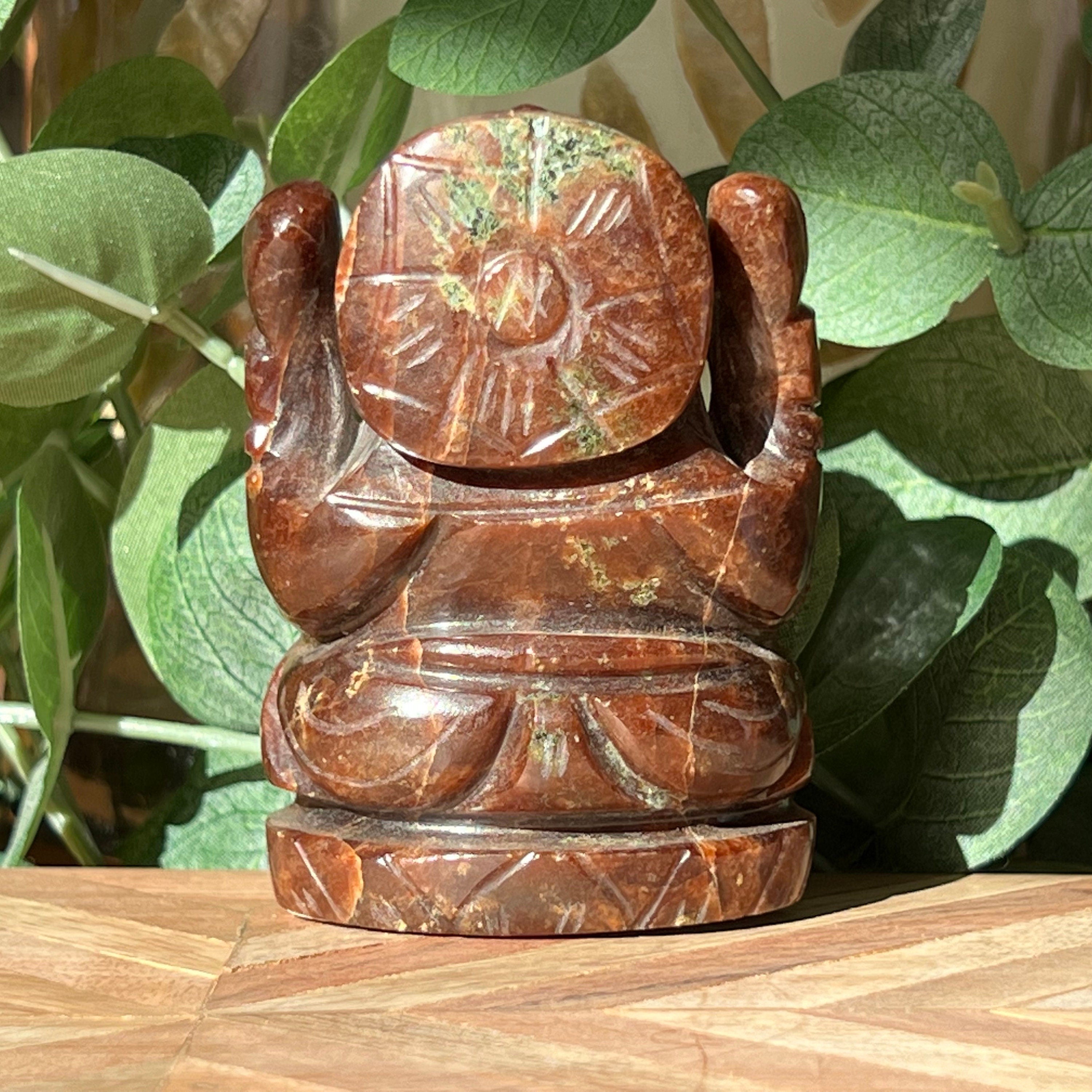Garnet Ganesh Carving: Hindu God Statue, 3"