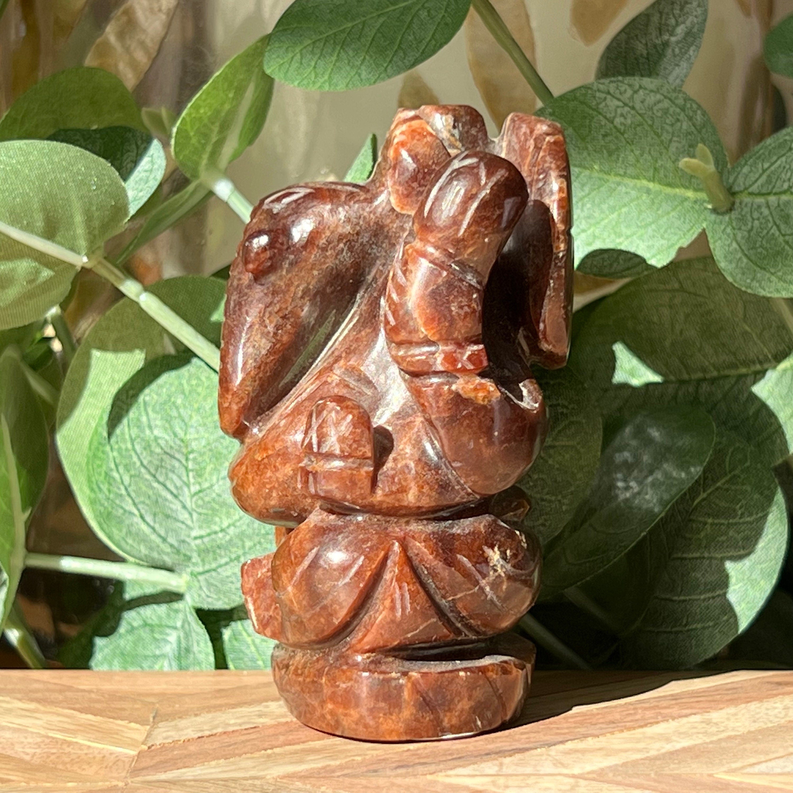 Garnet Ganesh Carving: Hindu God Statue, 3"