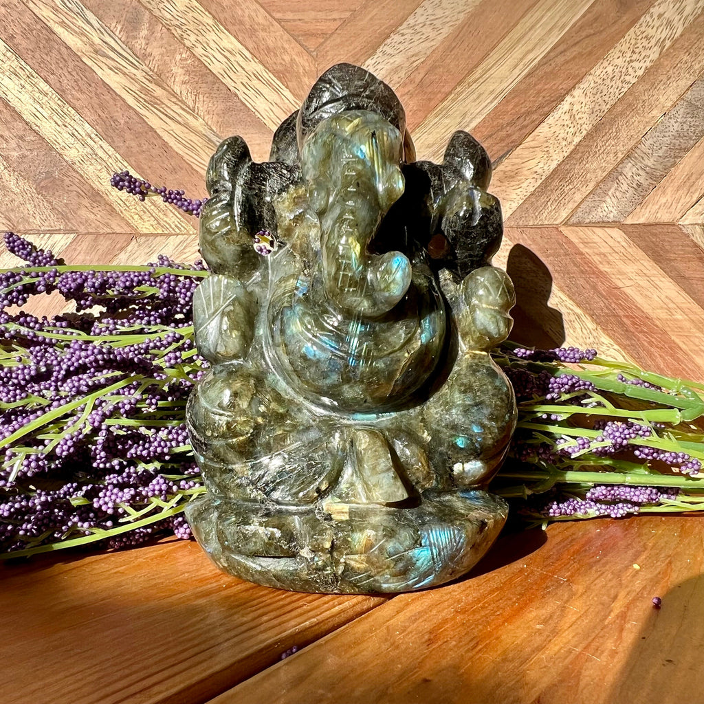 Flashy Labradorite Ganesh Carving - Hindu God Statue (4.25" Tall)