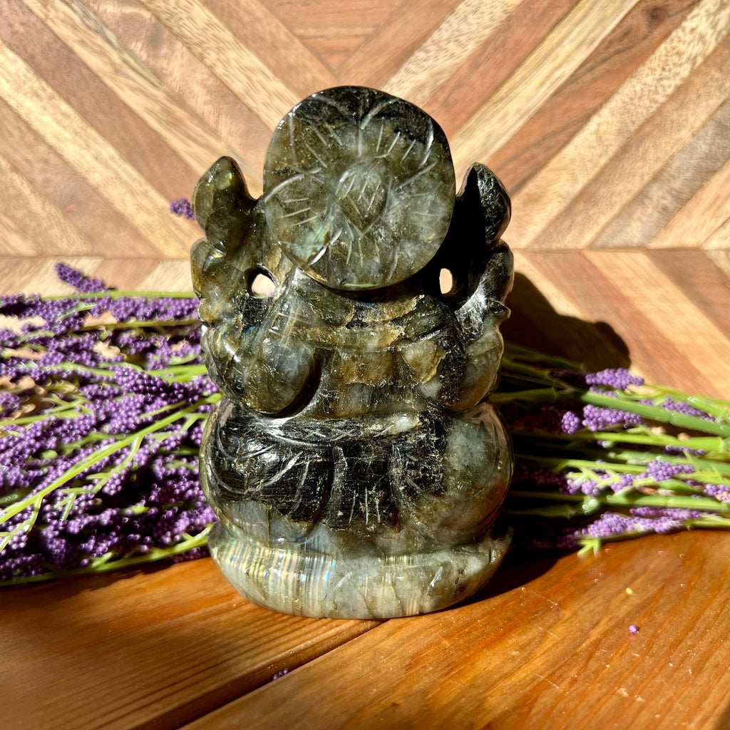 Flashy Labradorite Ganesh Carving - Hindu God Statue (4.25" Tall)
