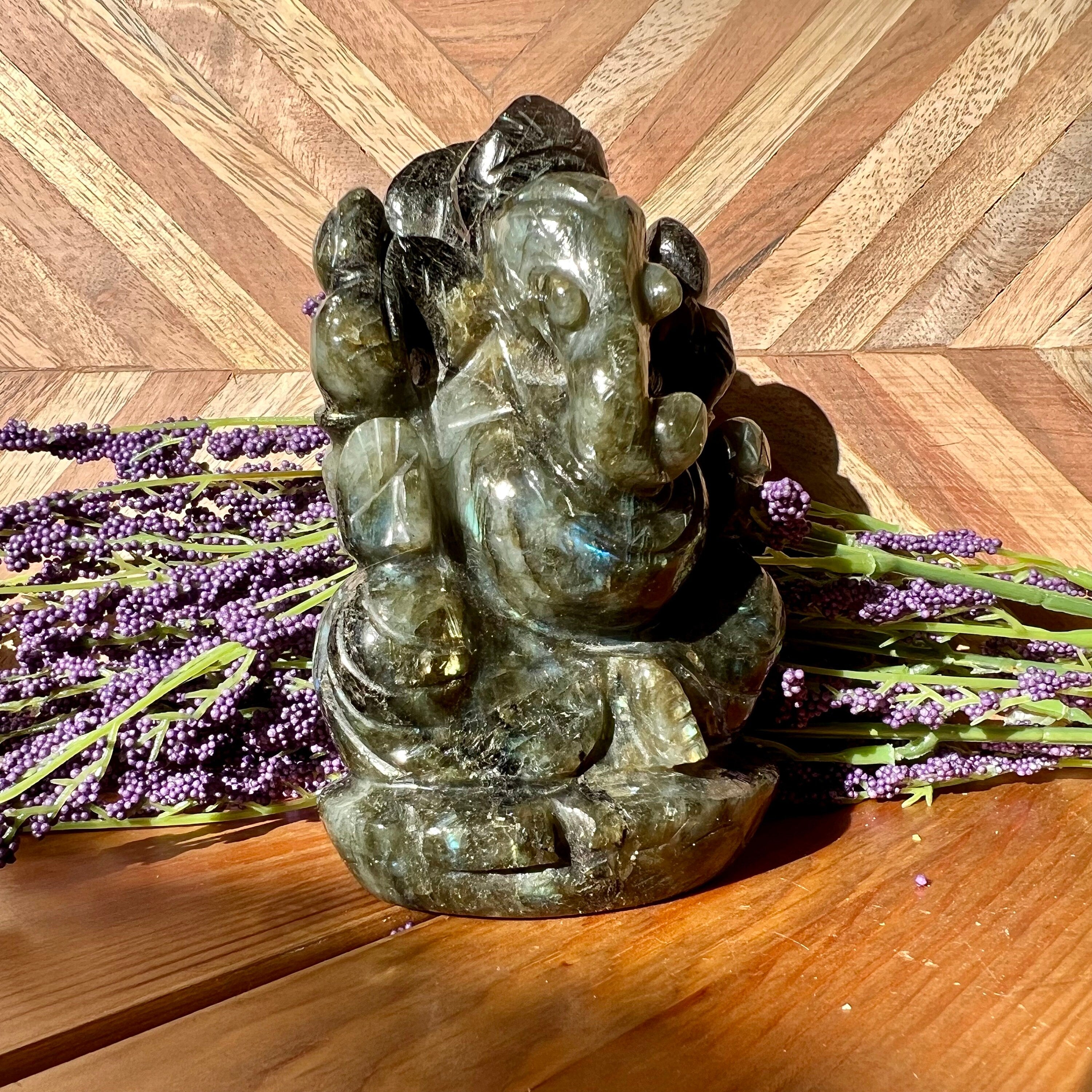 Flashy Labradorite Ganesh Carving - Hindu God Statue (4.25" Tall)