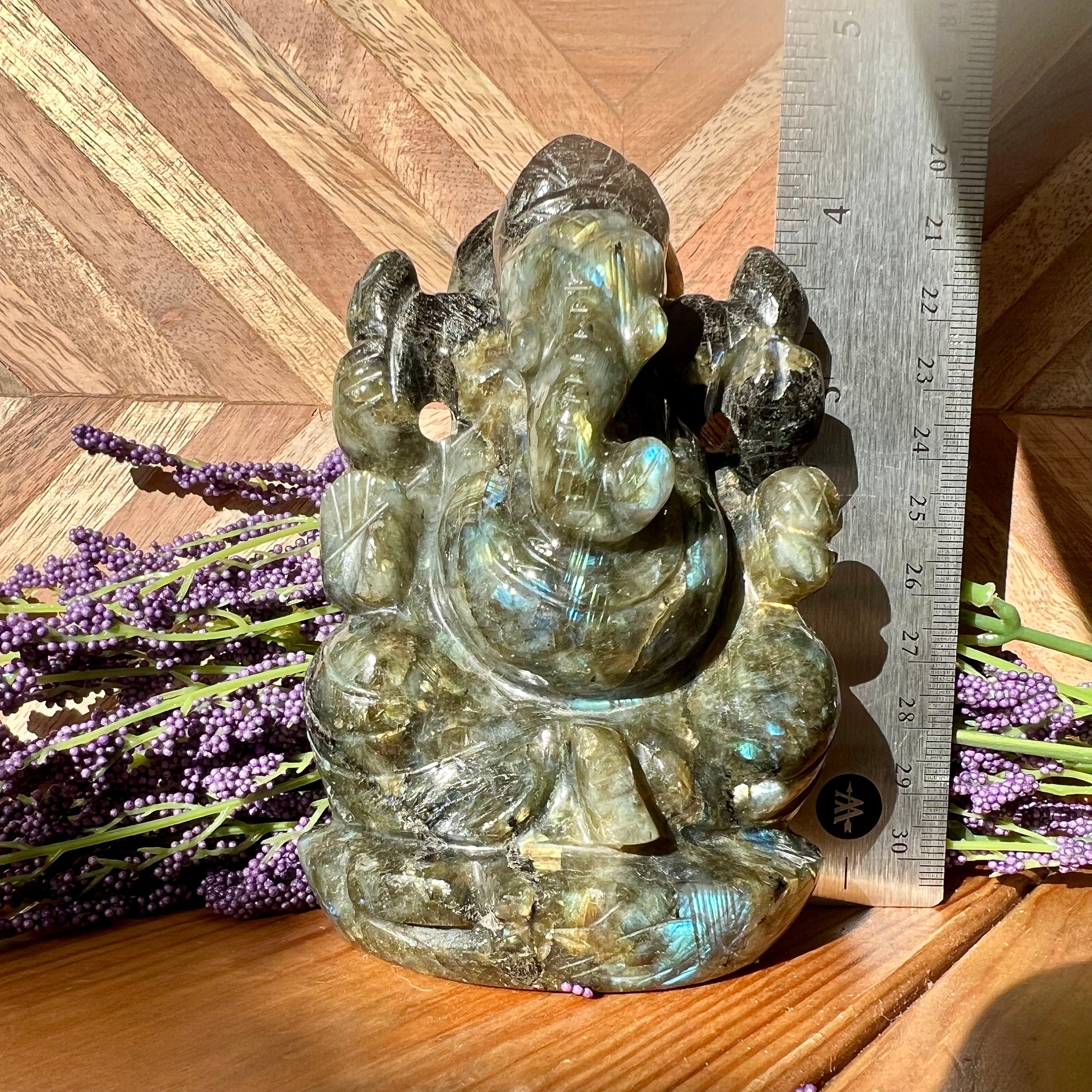Flashy Labradorite Ganesh Carving - Hindu God Statue (4.25" Tall)