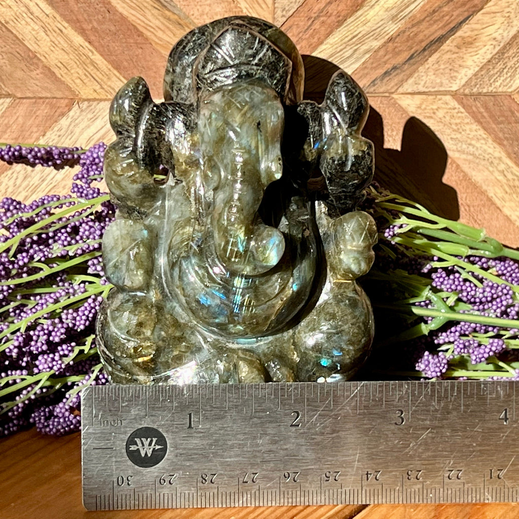 Flashy Labradorite Ganesh Carving - Hindu God Statue (4.25" Tall)