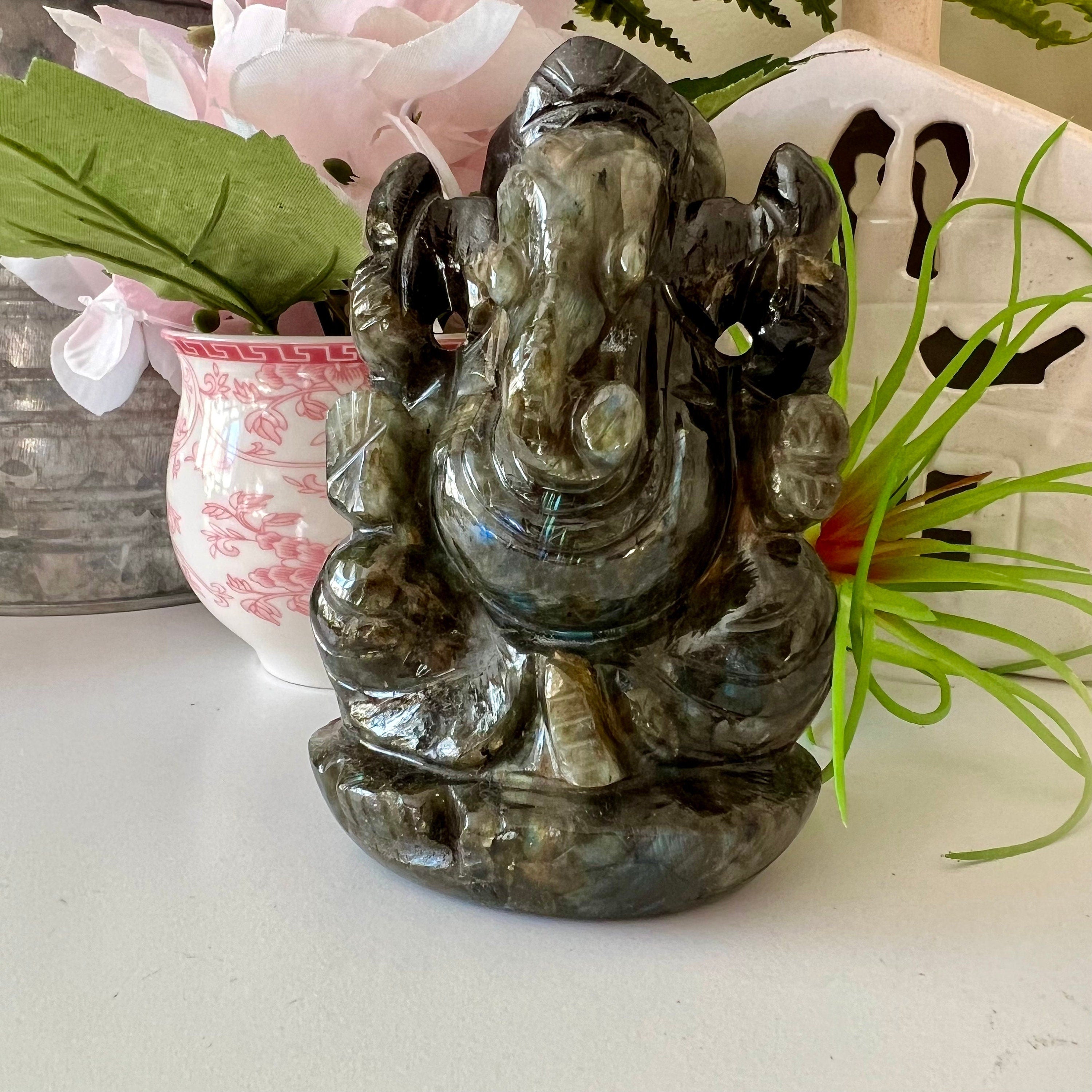 Flashy Labradorite Ganesh Carving - Hindu God Statue (4.25" Tall)