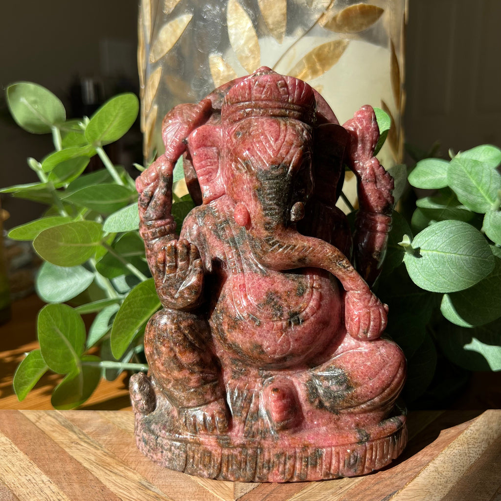 Large Rhodonite Ganesh Carving: Gemmy Pink Hindu God Statue