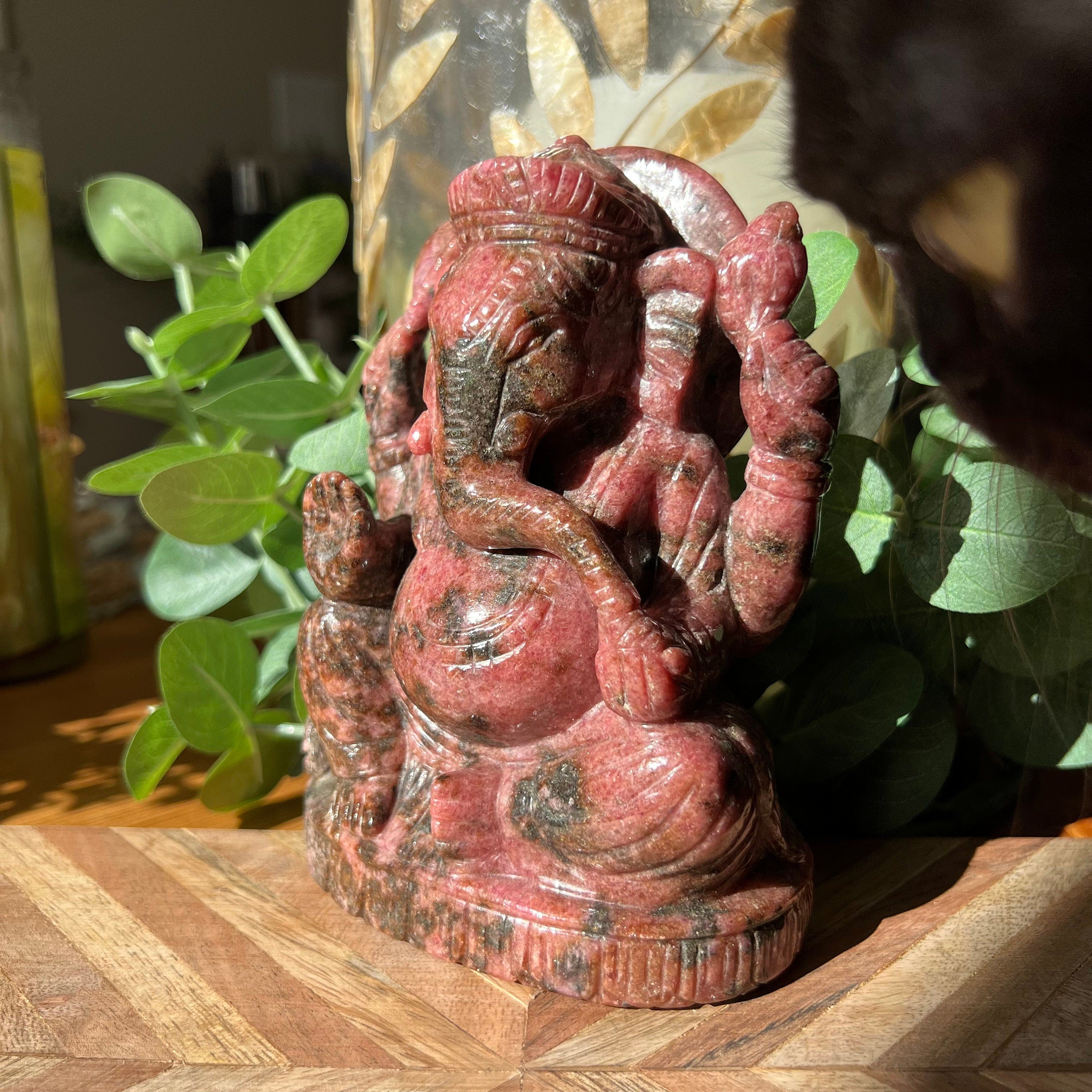 Large Rhodonite Ganesh Carving: Gemmy Pink Hindu God Statue