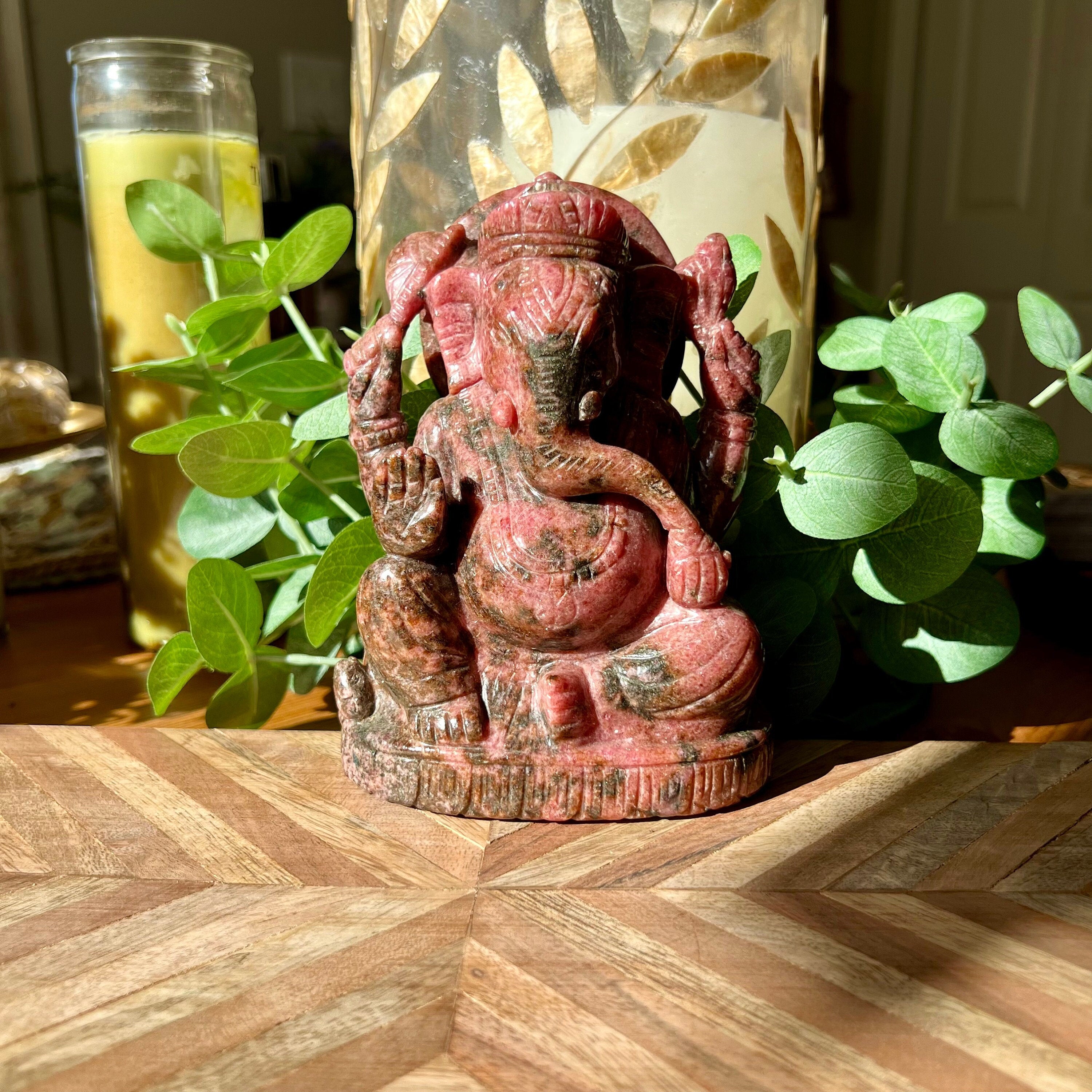 Large Rhodonite Ganesh Carving: Gemmy Pink Hindu God Statue