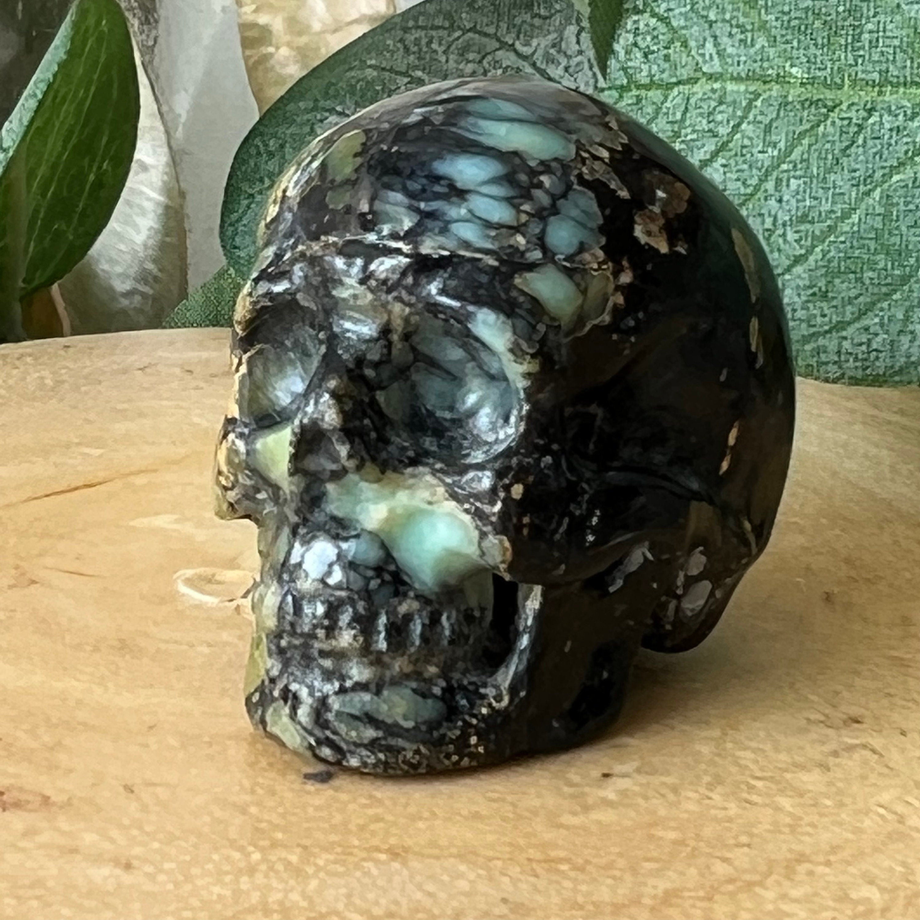 Amazingly Detailed Hand Carved Artifactual Peacock Variscite Skull