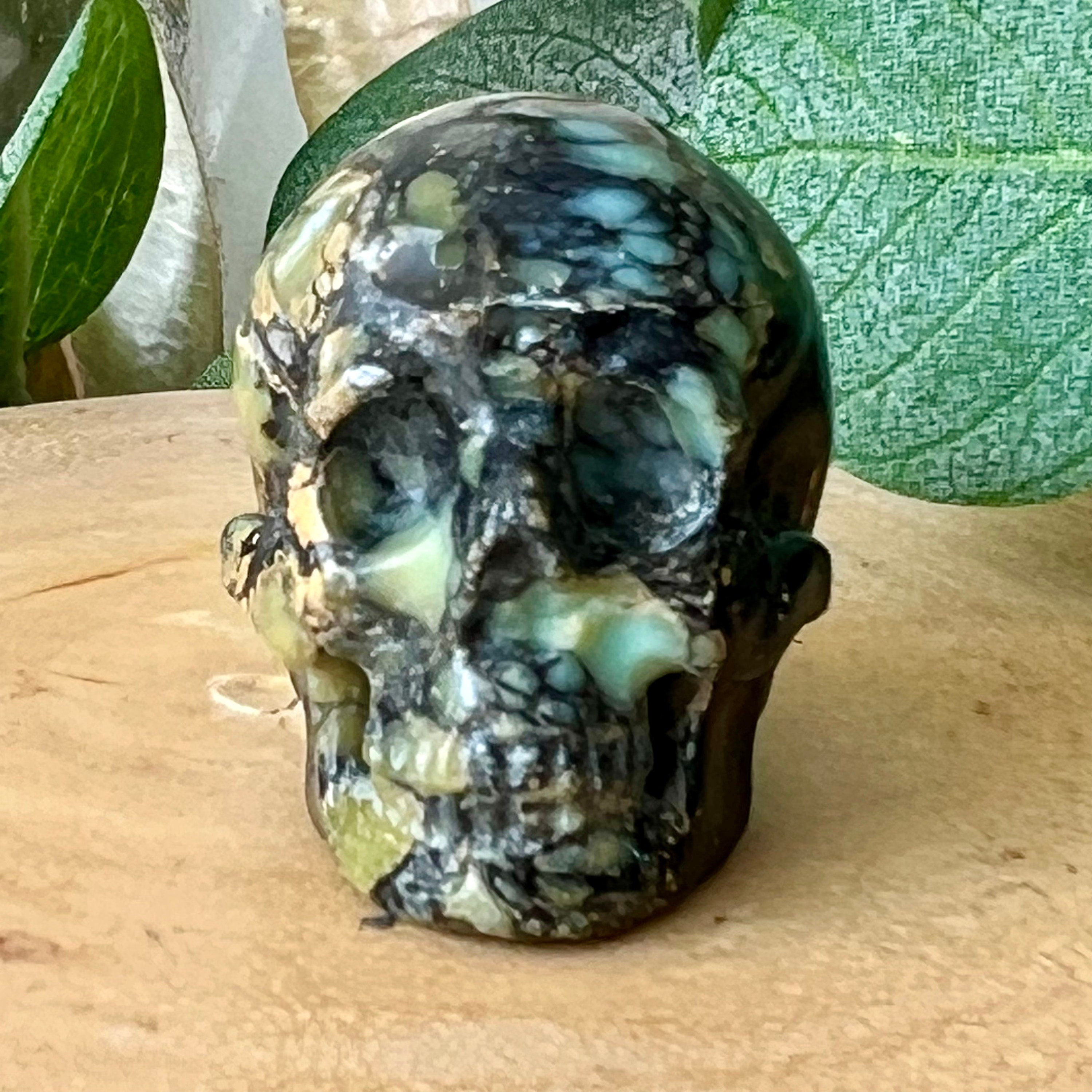 Amazingly Detailed Hand Carved Artifactual Peacock Variscite Skull