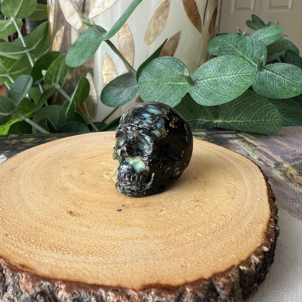 Amazingly Detailed Hand Carved Artifactual Peacock Variscite Skull