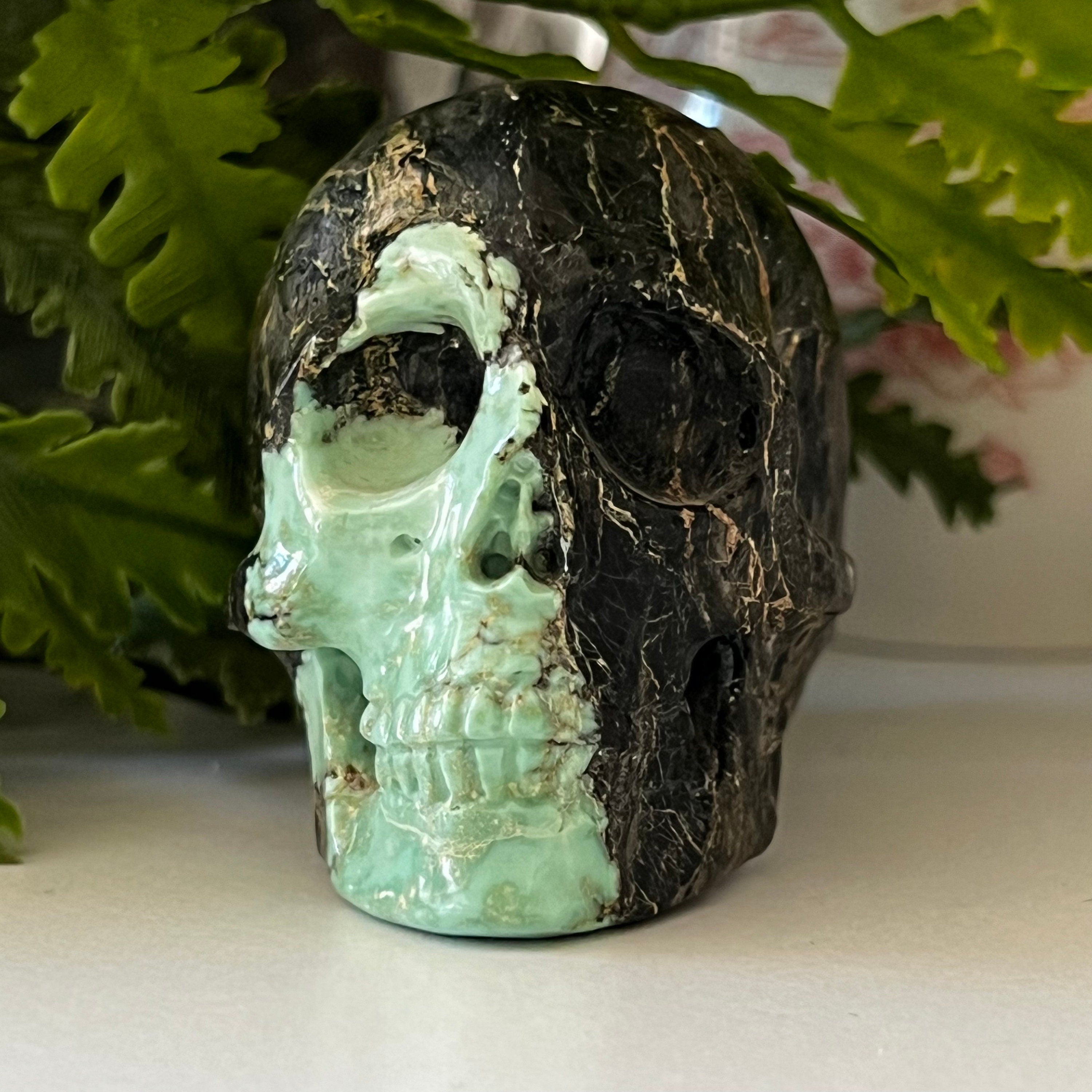 Variscite Crystal Skull Carving: Artifactual Mint-Green Bicolor