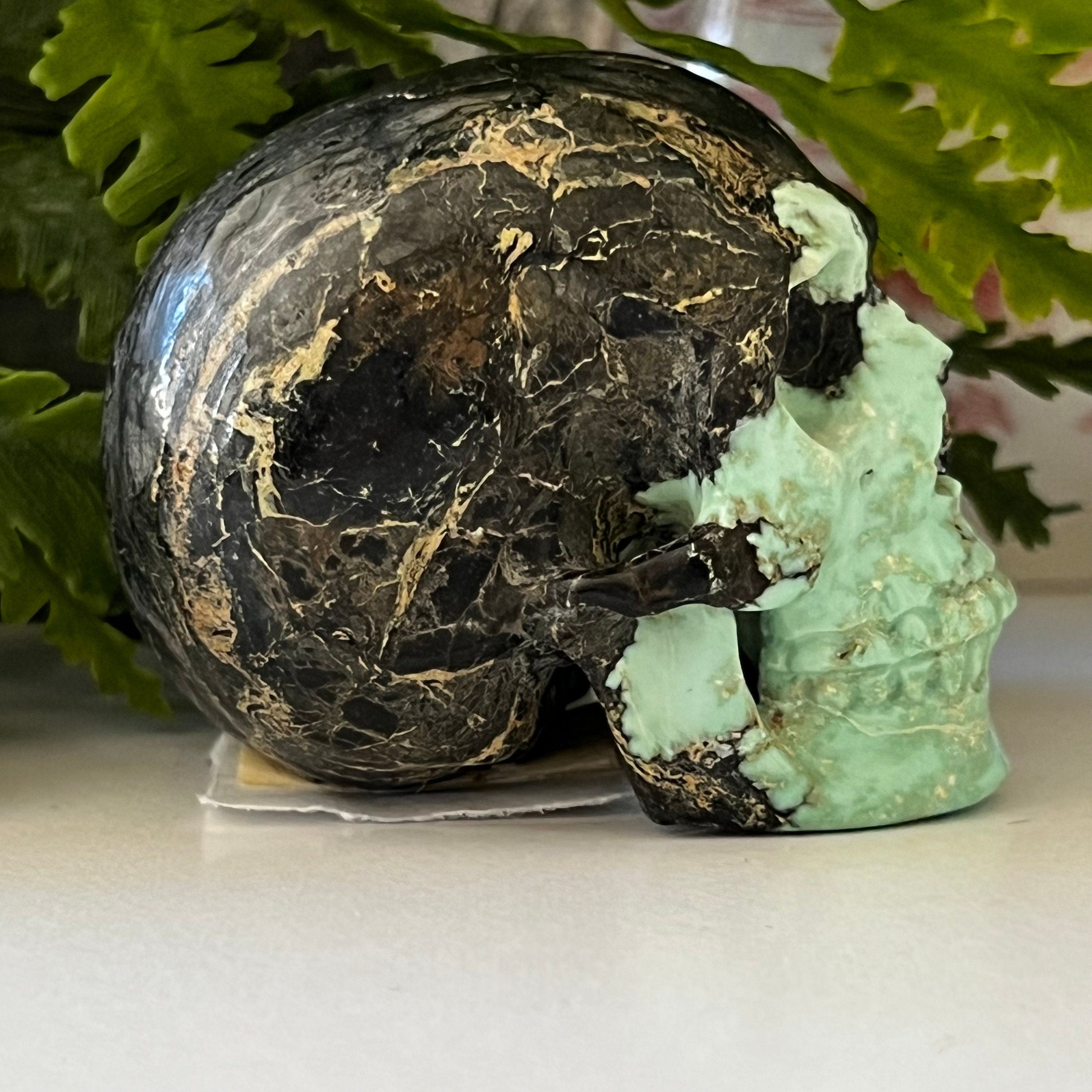 Variscite Crystal Skull Carving: Artifactual Mint-Green Bicolor