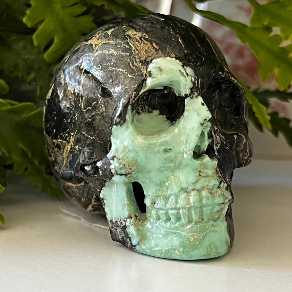 Variscite Crystal Skull Carving: Artifactual Mint-Green Bicolor