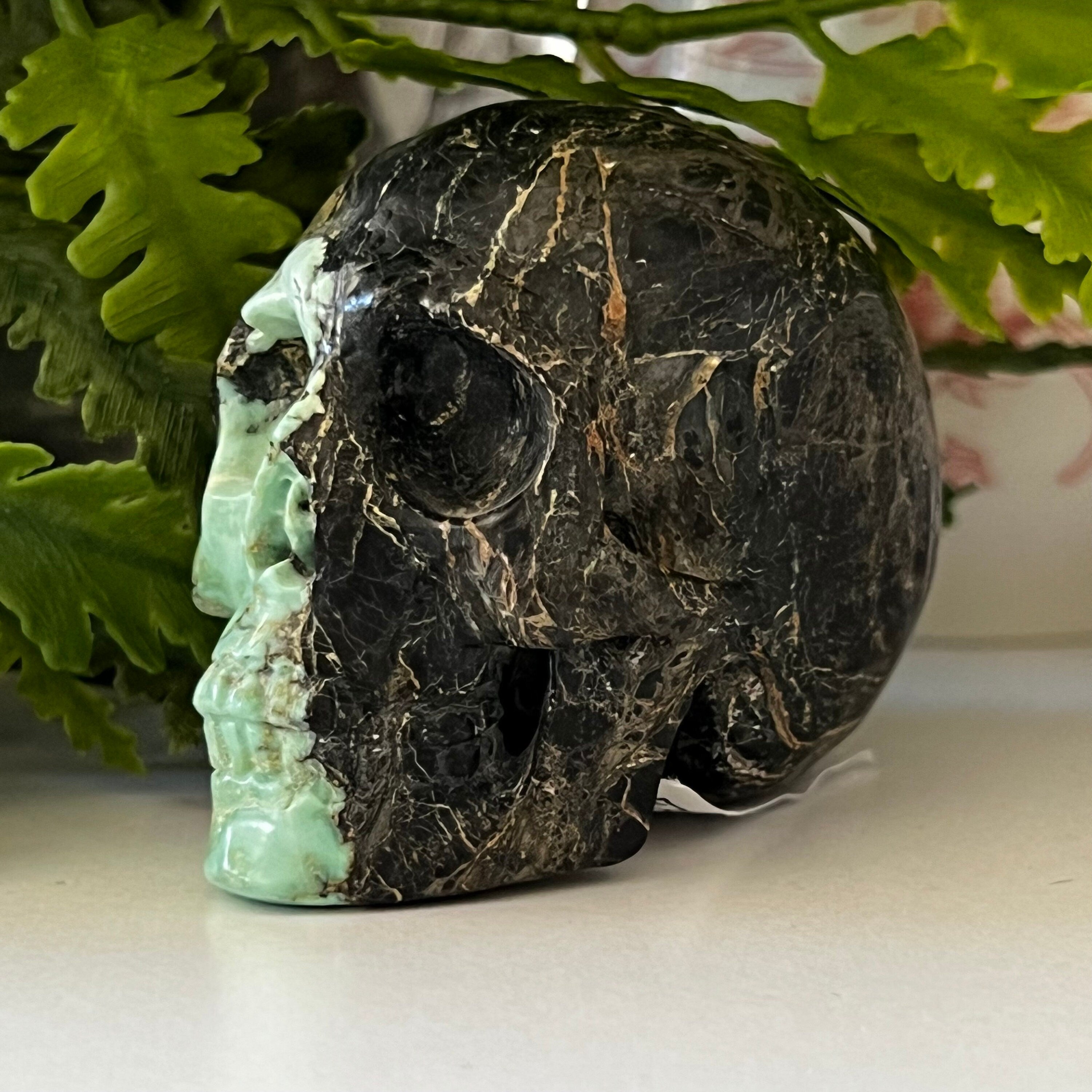 Variscite Crystal Skull Carving: Artifactual Mint-Green Bicolor