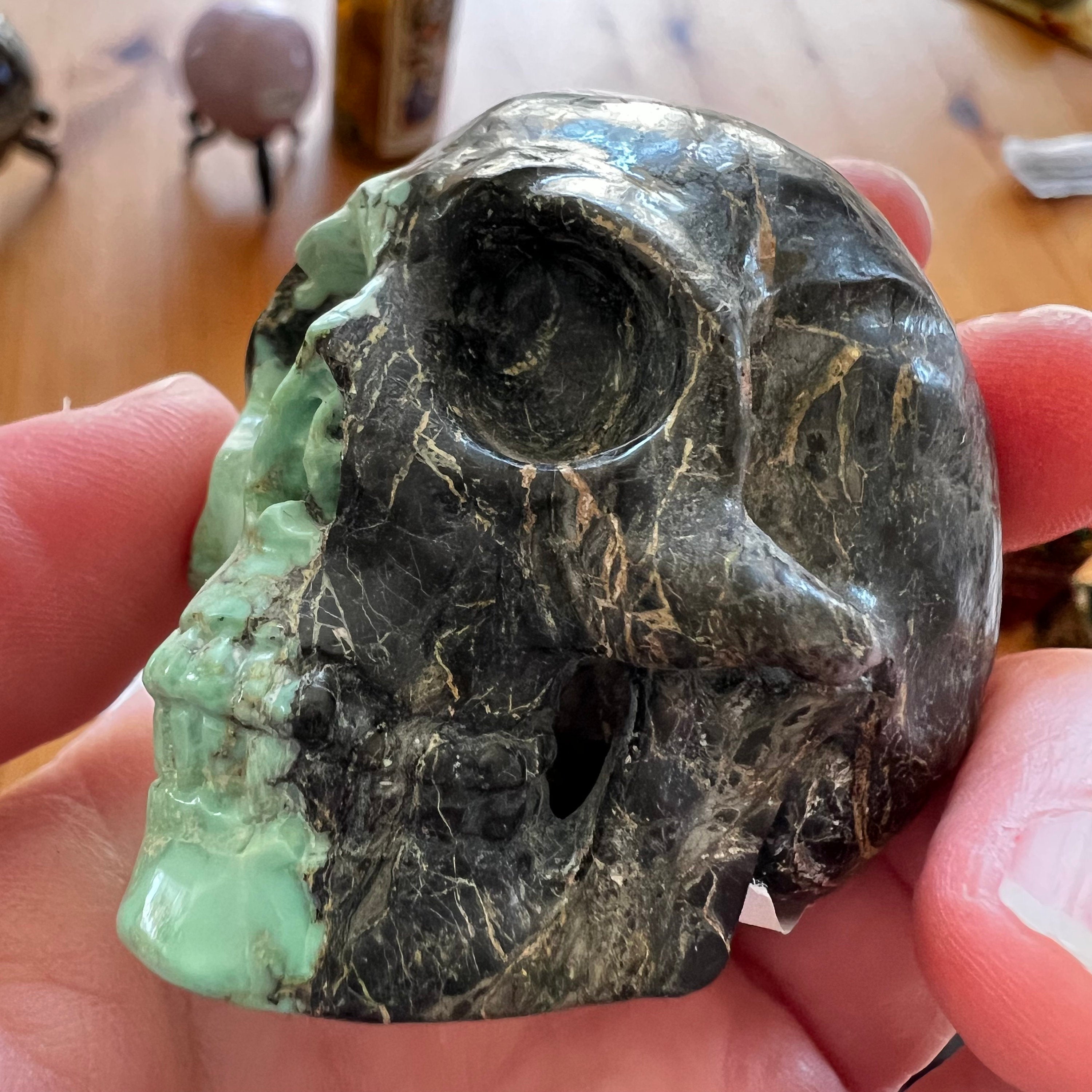 Variscite Crystal Skull Carving: Artifactual Mint-Green Bicolor