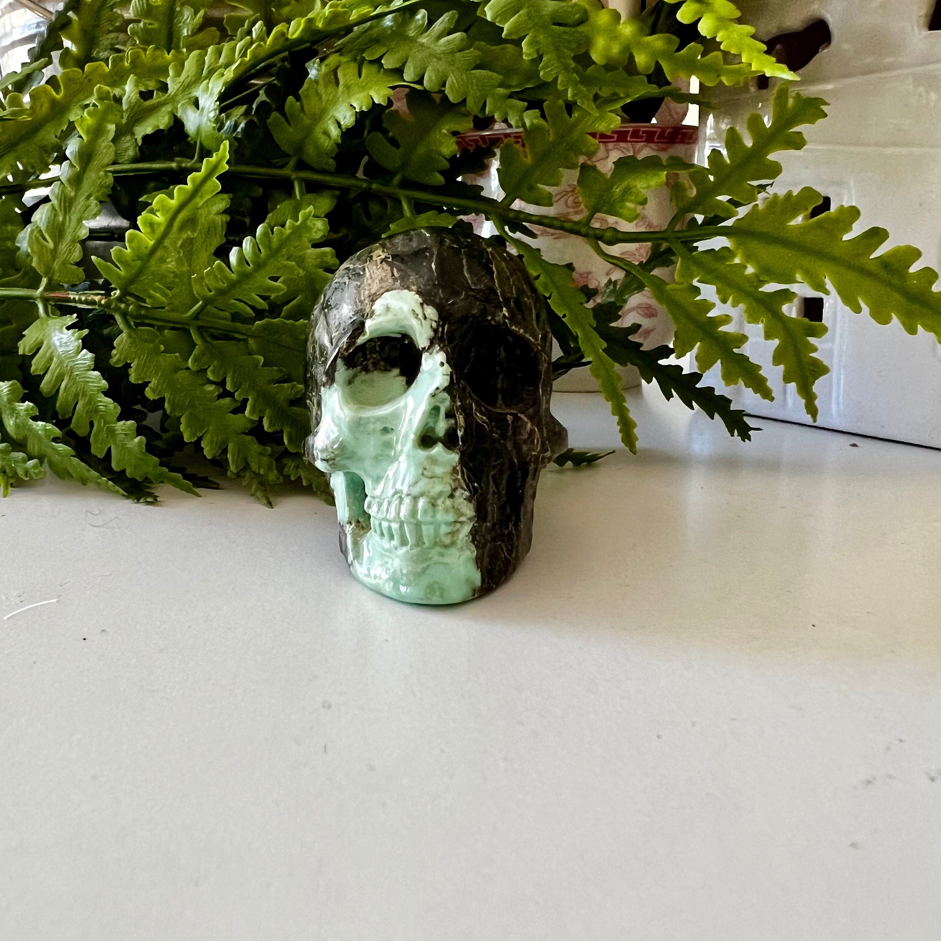 Variscite Crystal Skull Carving: Artifactual Mint-Green Bicolor