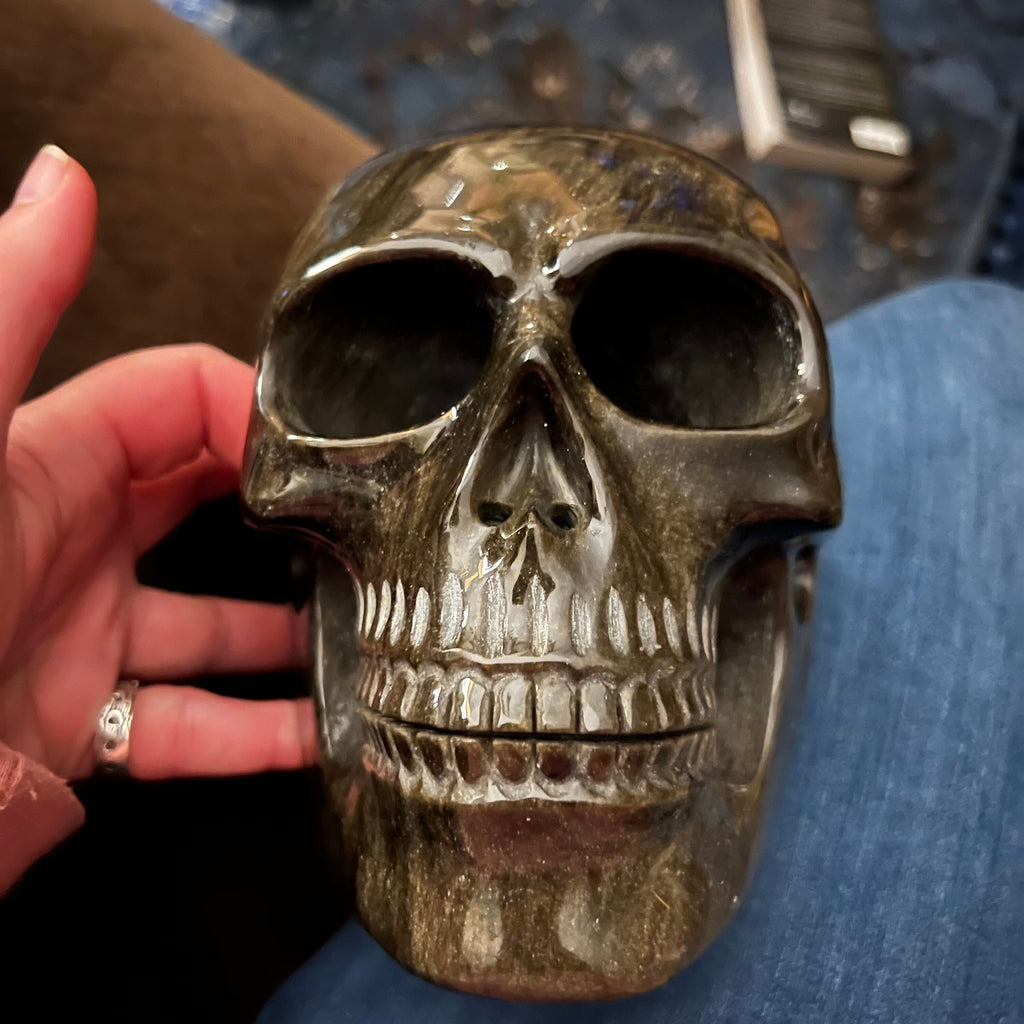 Insane Hollow Golden Sheen Obsidian Skull, Huge