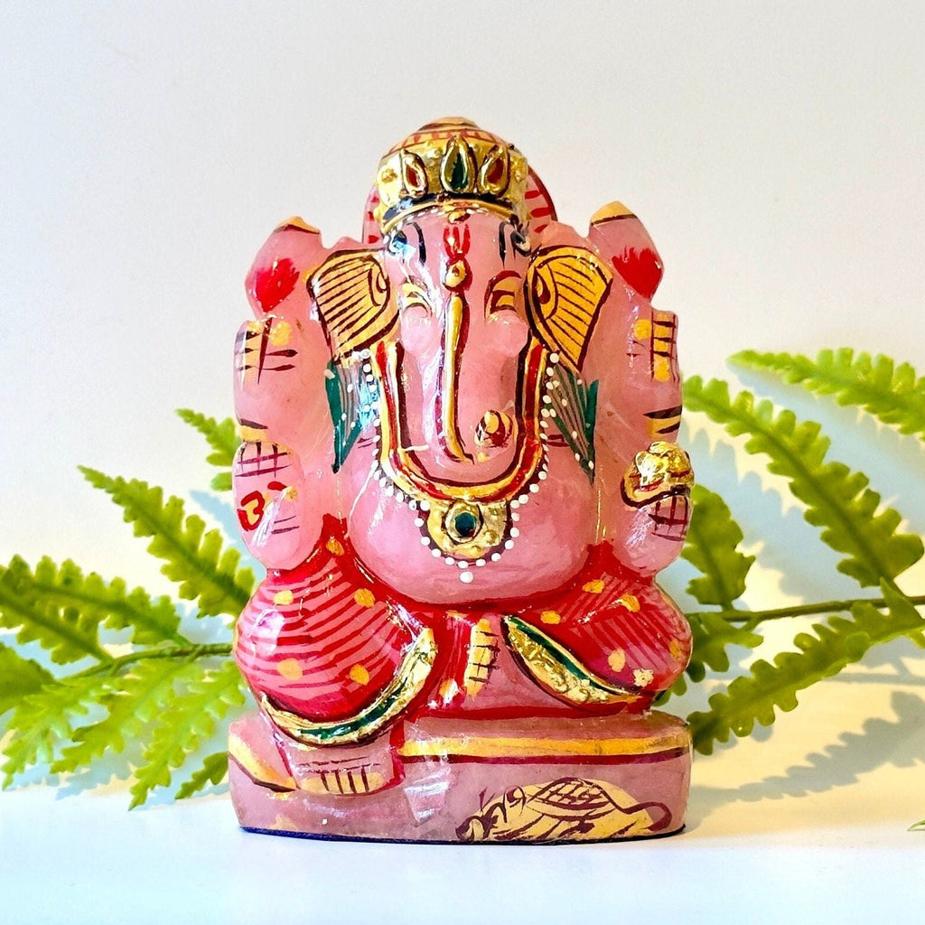 Rose quartz painted ganesha carving